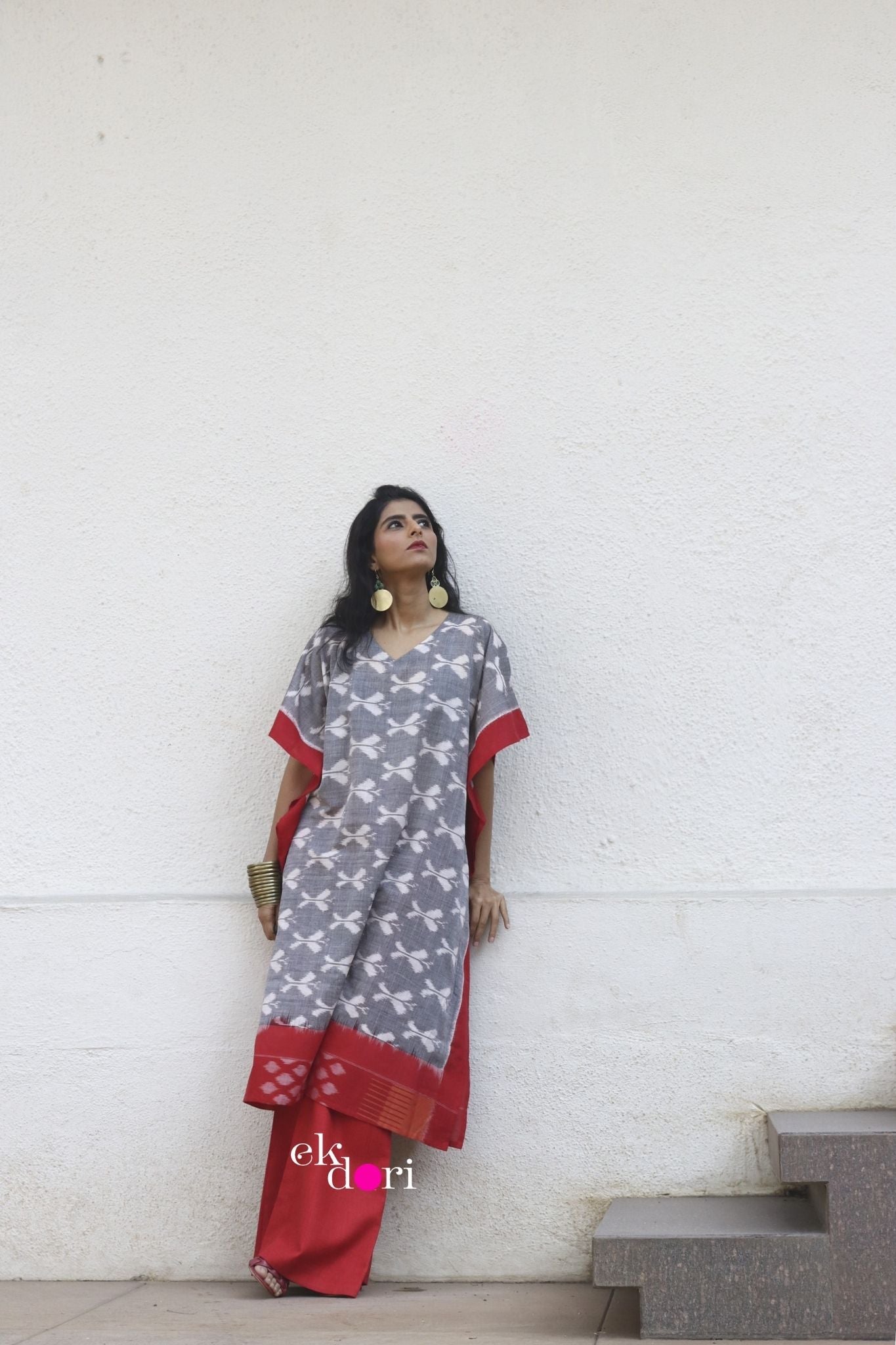 Monsoon Clouds Handloom Ikat Kaftan Kurta Dress : Grey Ikat Kaftan Kurta