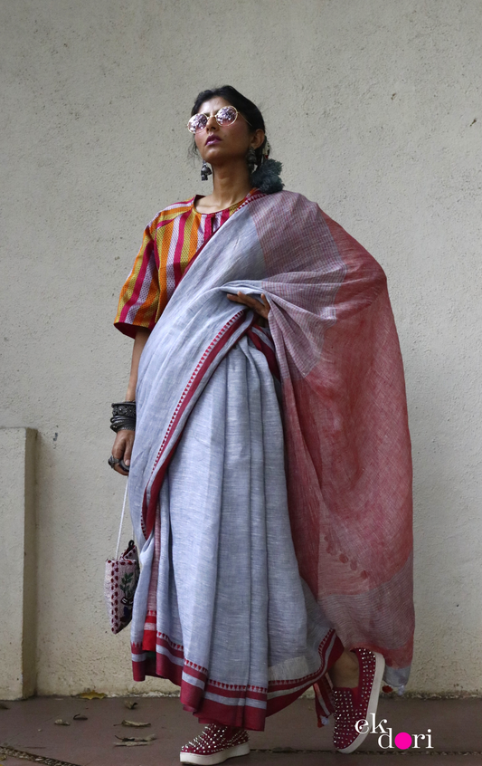 Buy Pure Linen Saree Online : Red On Grey Pure Linen Summer Saree