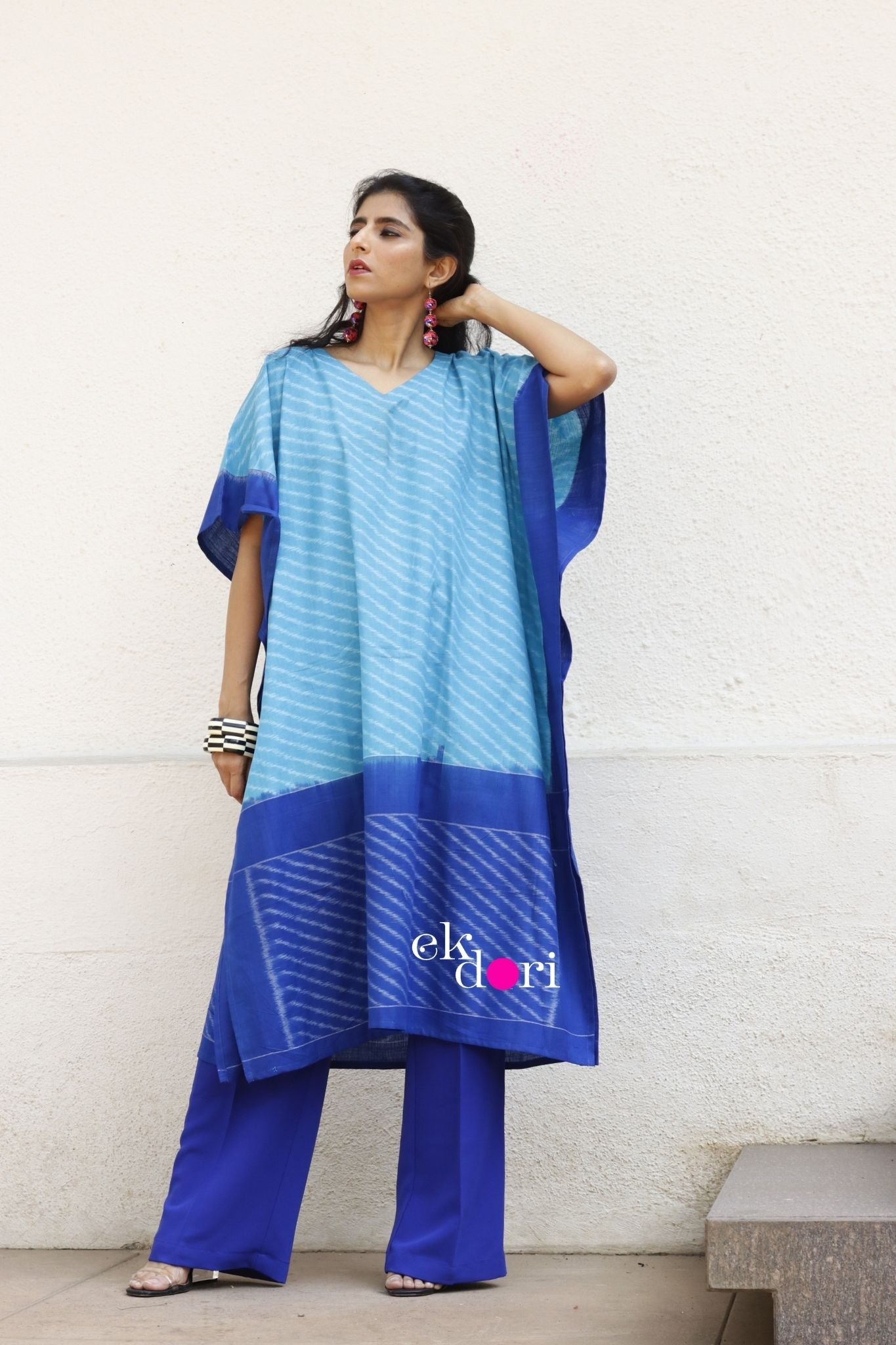 'By The Pool Handloom' Ikat Kaftan Kurta Dress : Blue Handloom Ikat Kurta