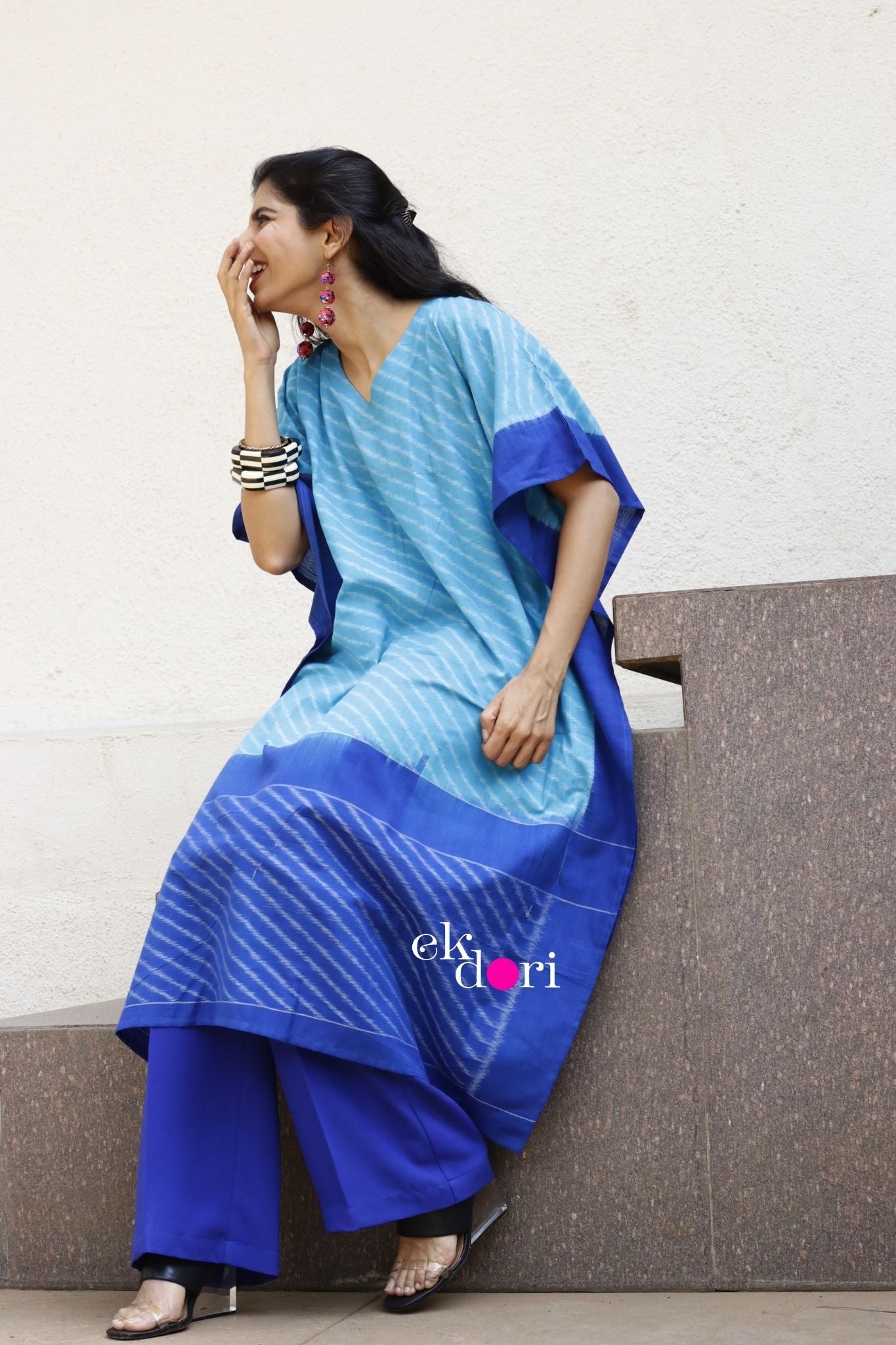 'By The Pool Handloom' Ikat Kaftan Kurta Dress : Blue Handloom Ikat Kurta