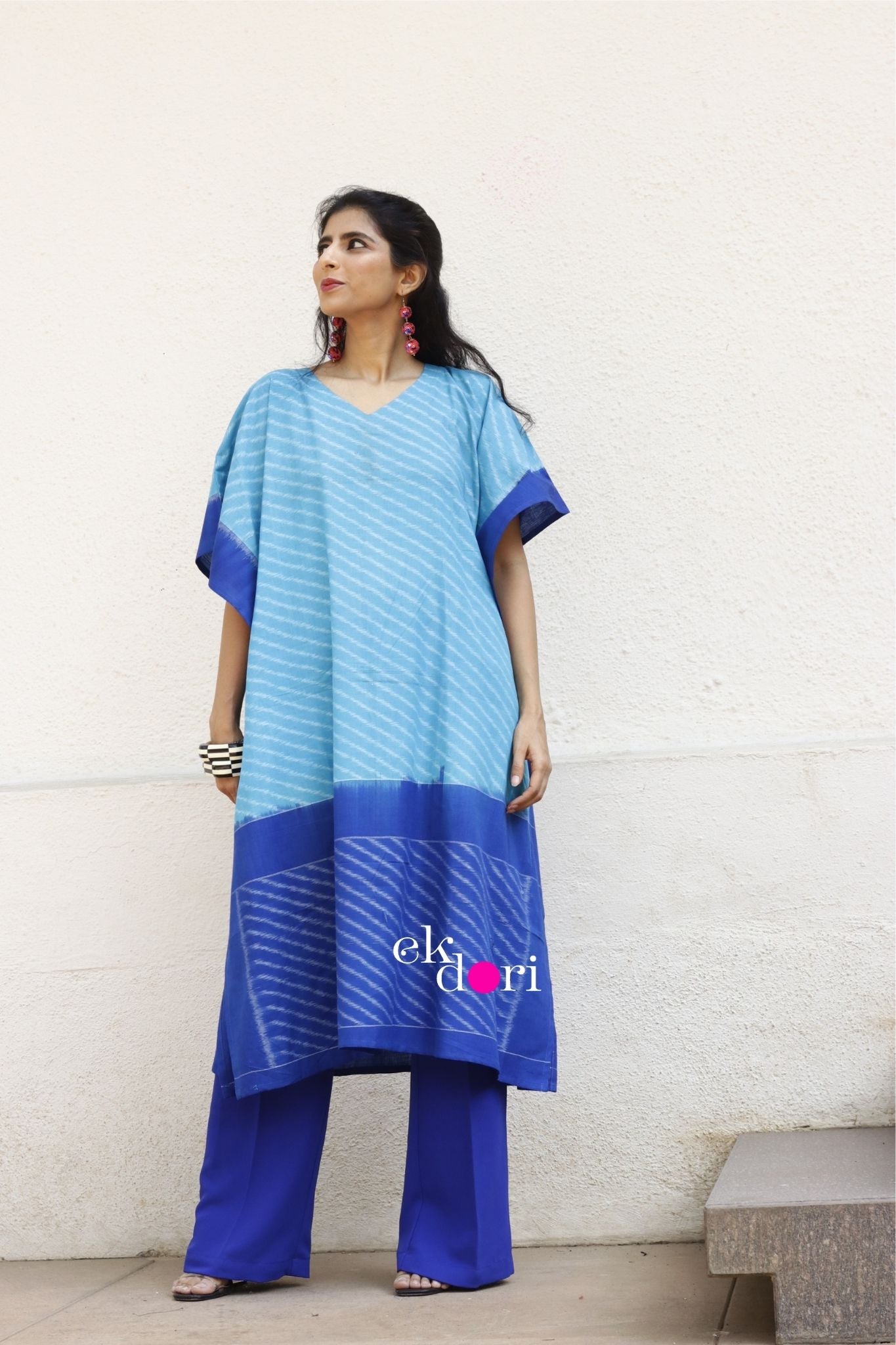 'By The Pool Handloom' Ikat Kaftan Kurta Dress : Blue Handloom Ikat Kurta