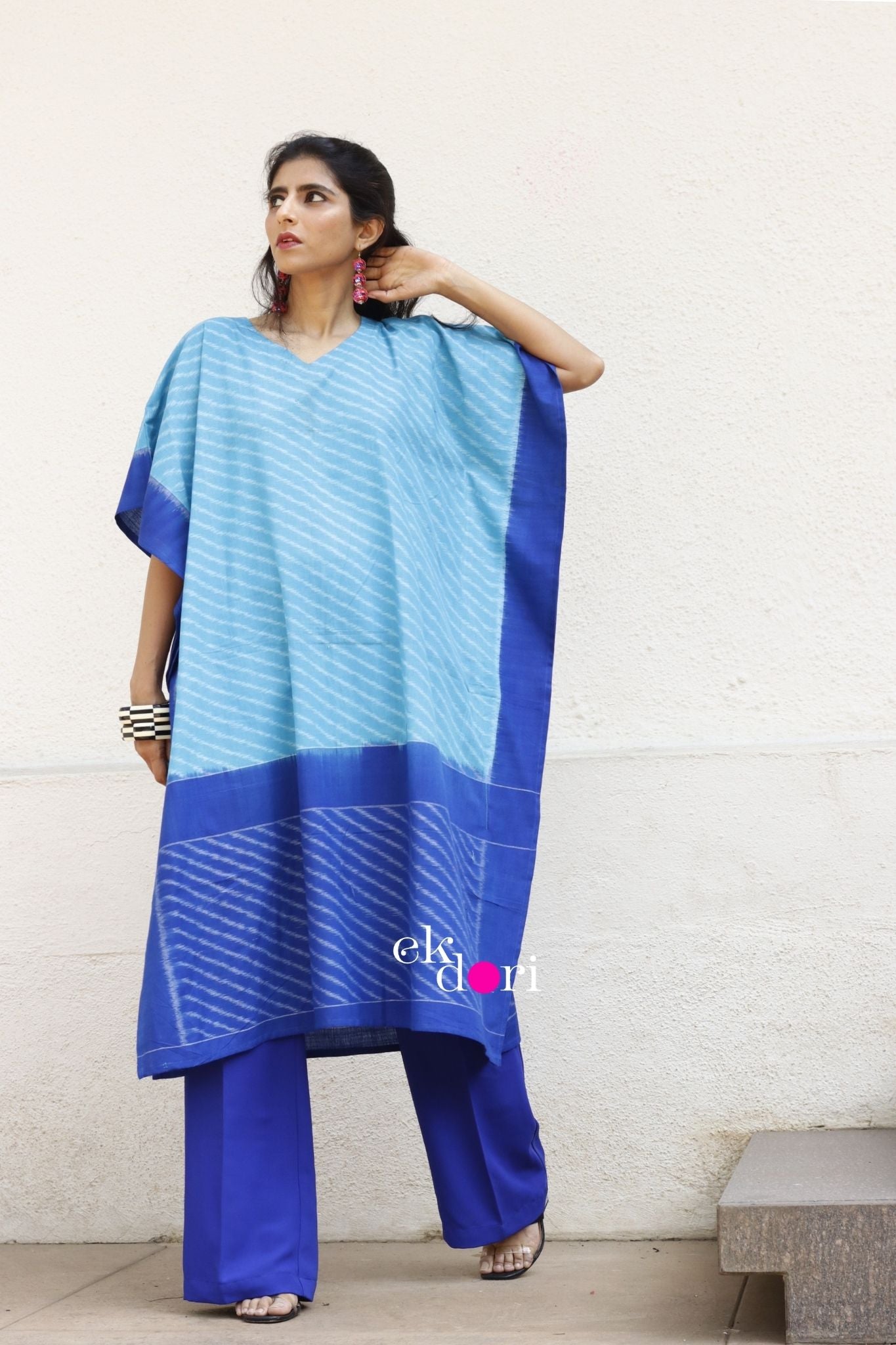 'By The Pool Handloom' Ikat Kaftan Kurta Dress : Blue Handloom Ikat Kurta
