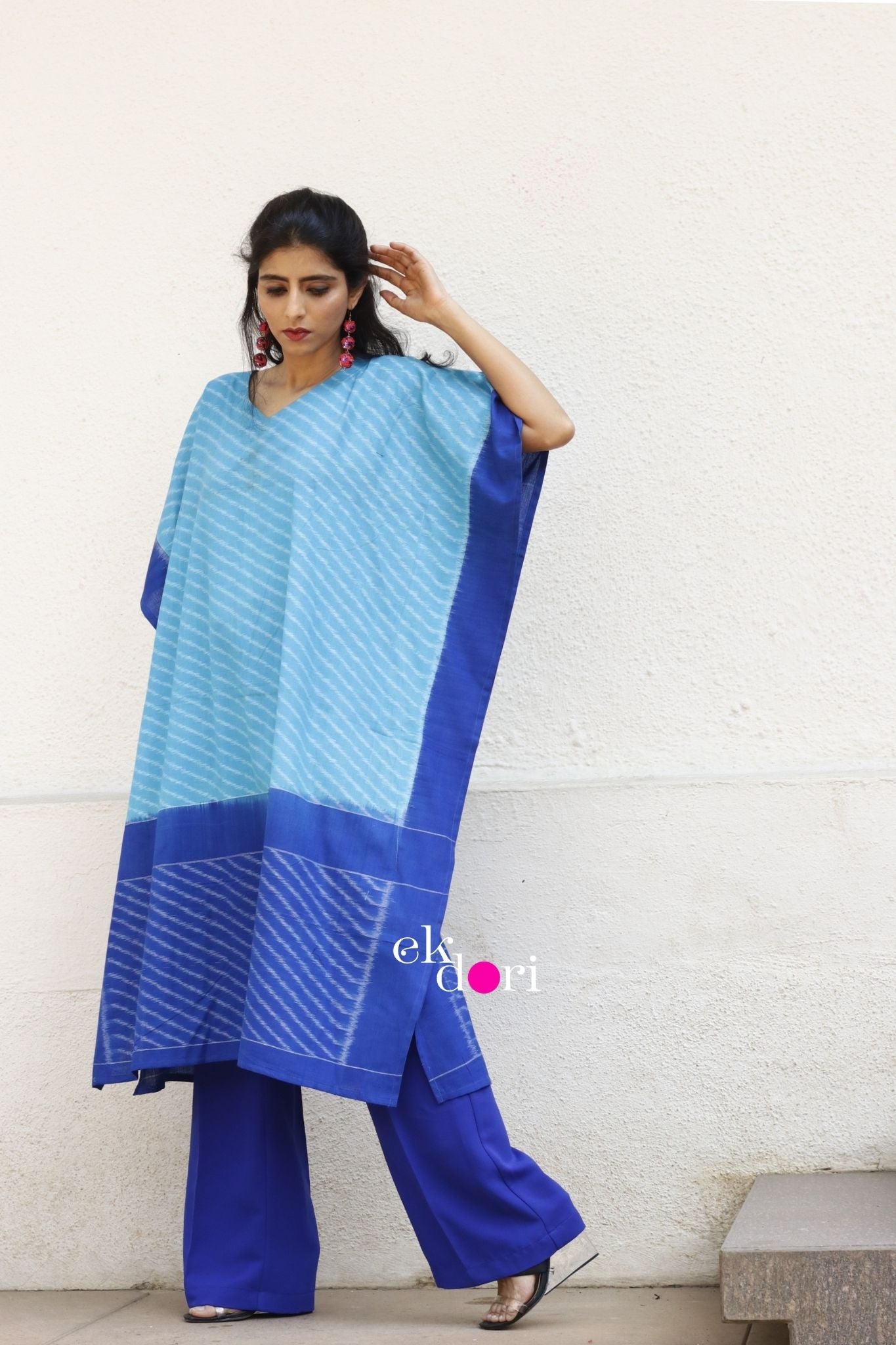 'By The Pool Handloom' Ikat Kaftan Kurta Dress : Blue Handloom Ikat Kurta
