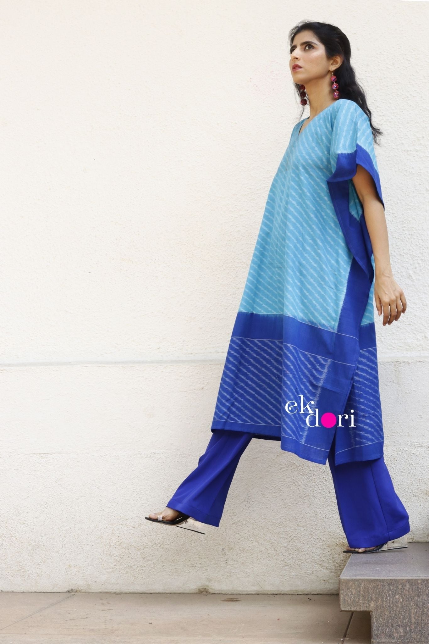 'By The Pool Handloom' Ikat Kaftan Kurta Dress : Blue Handloom Ikat Kurta