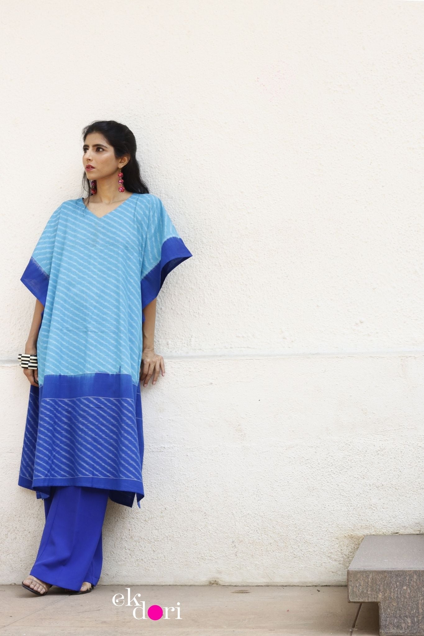 'By The Pool Handloom' Ikat Kaftan Kurta Dress : Blue Handloom Ikat Kurta