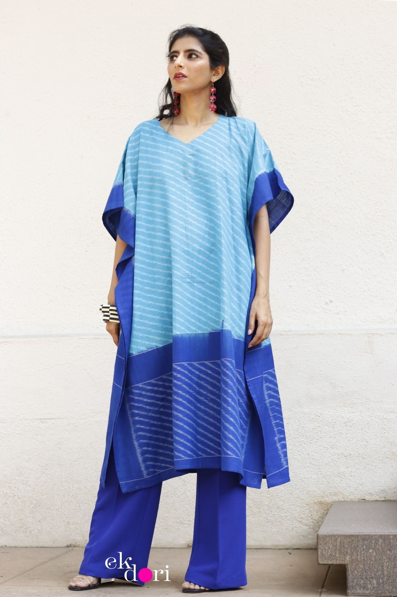 'By The Pool Handloom' Ikat Kaftan Kurta Dress : Blue Handloom Ikat Kurta