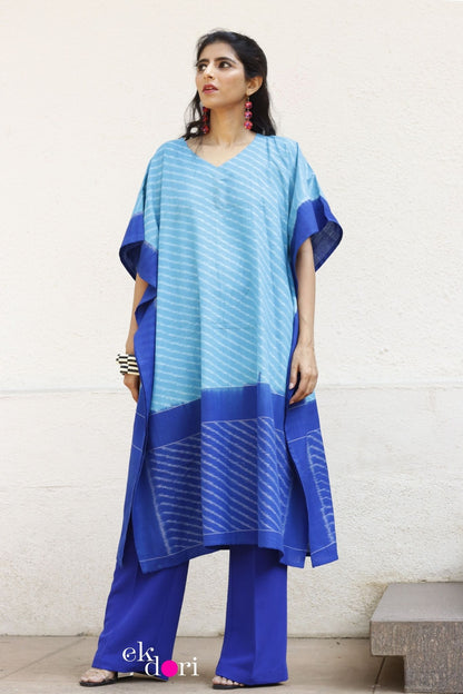 'By The Pool Handloom' Ikat Kaftan Kurta Dress : Blue Handloom Ikat Kurta