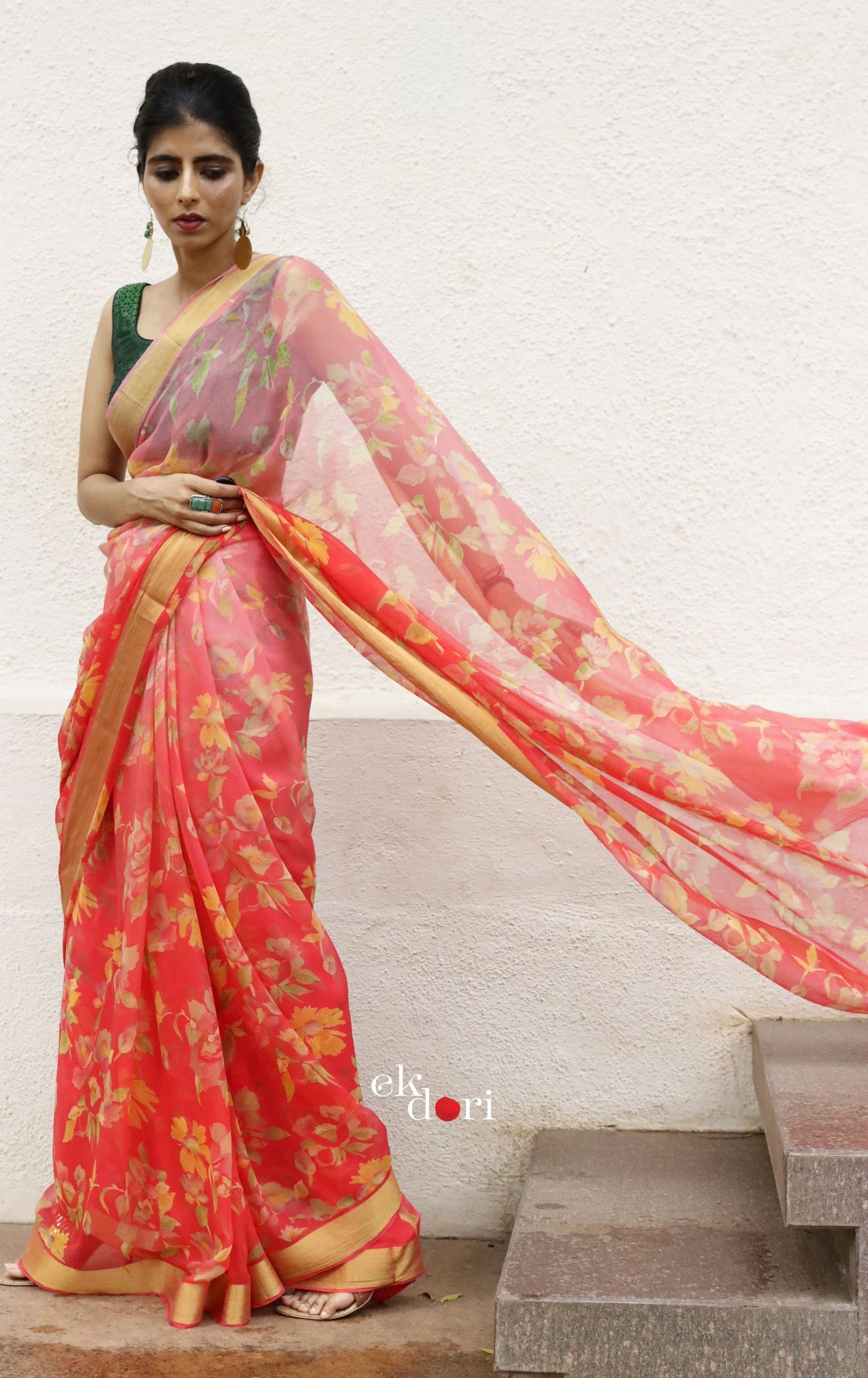Buy Floral Chiffon Saree Online : 'Peaches & Oranges' Floral Semi Chiffon Saree With Zari Border