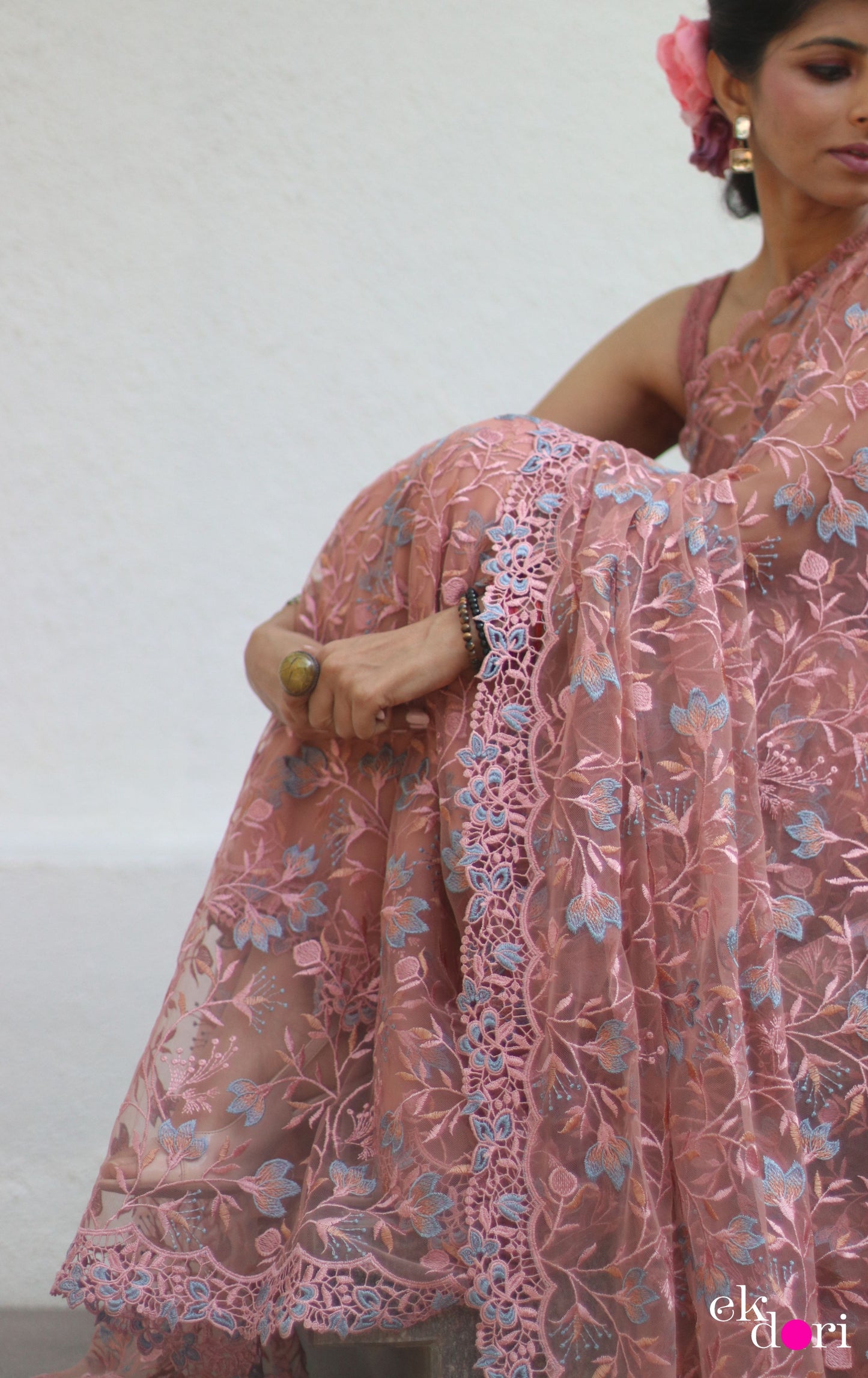 Buy Designer Net Saree : Baby Pink Floral Red Net Saree