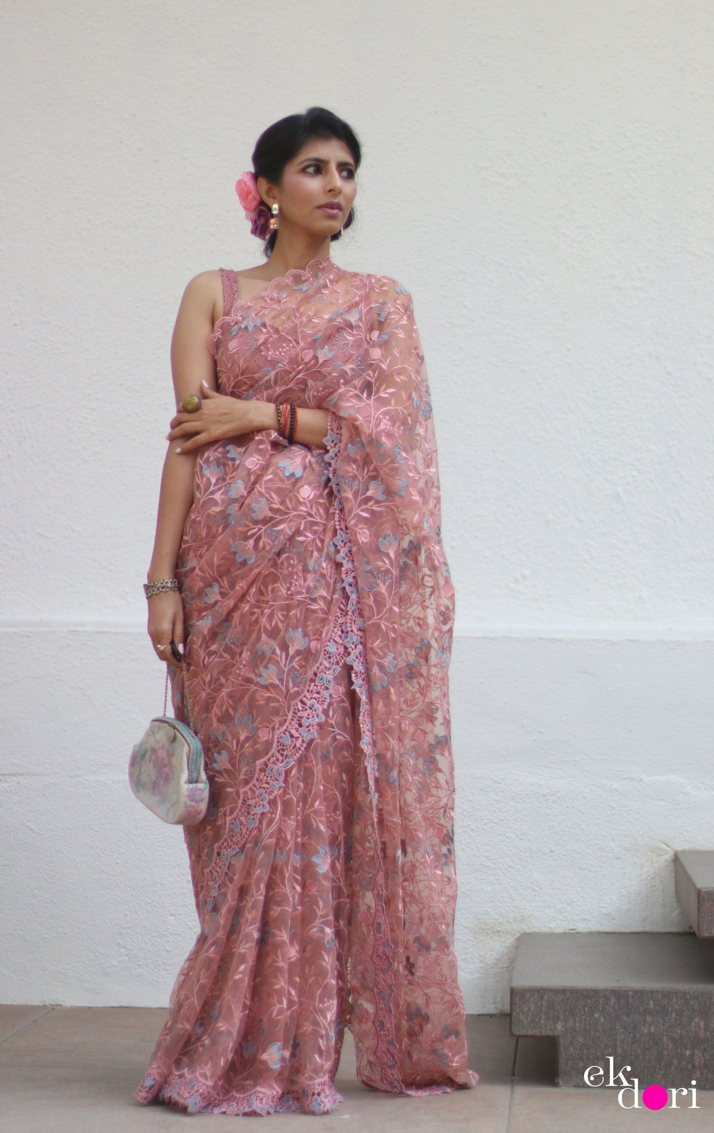 Buy Designer Net Saree : Baby Pink Floral Red Net Saree