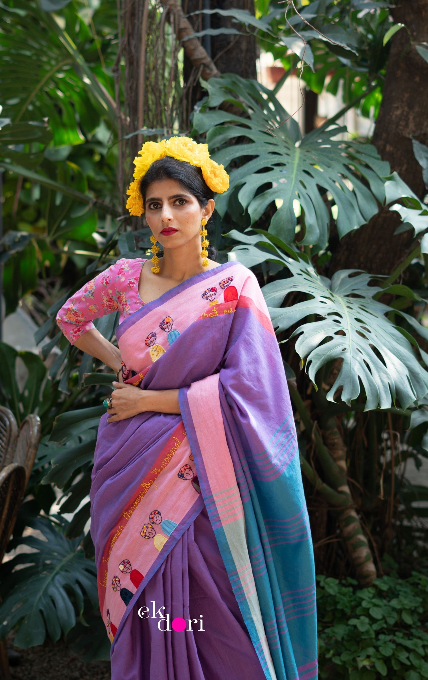 The Frida Saree In Pink: Buy Cotton Statement Hand Embroidered Saree