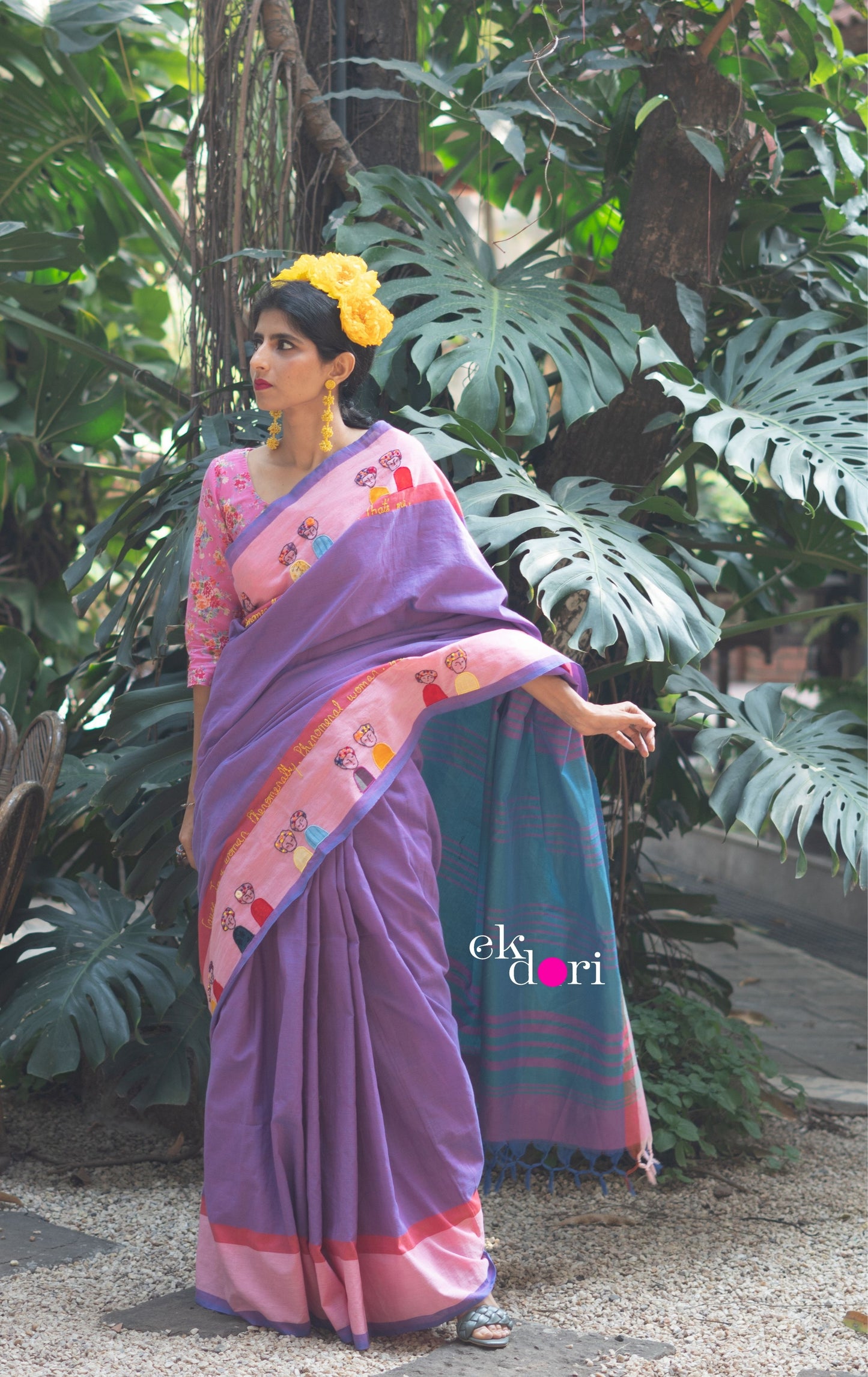 The Frida Saree In Pink: Buy Cotton Statement Hand Embroidered Saree
