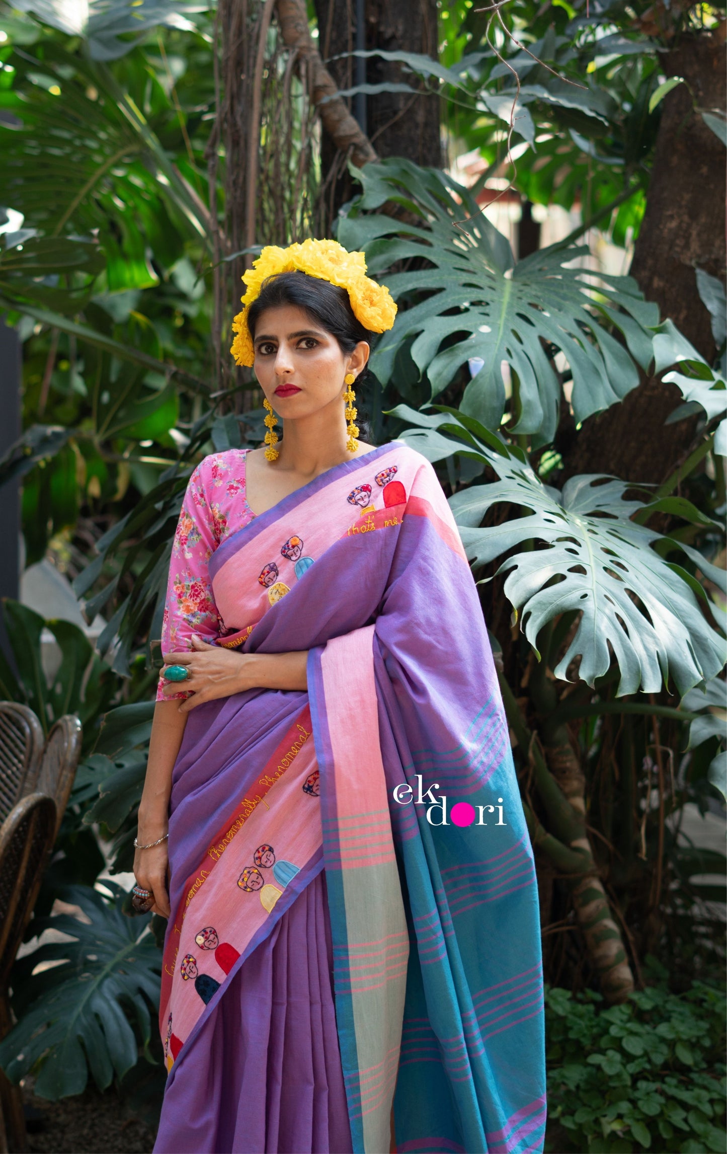 The Frida Saree In Pink: Buy Cotton Statement Hand Embroidered Saree