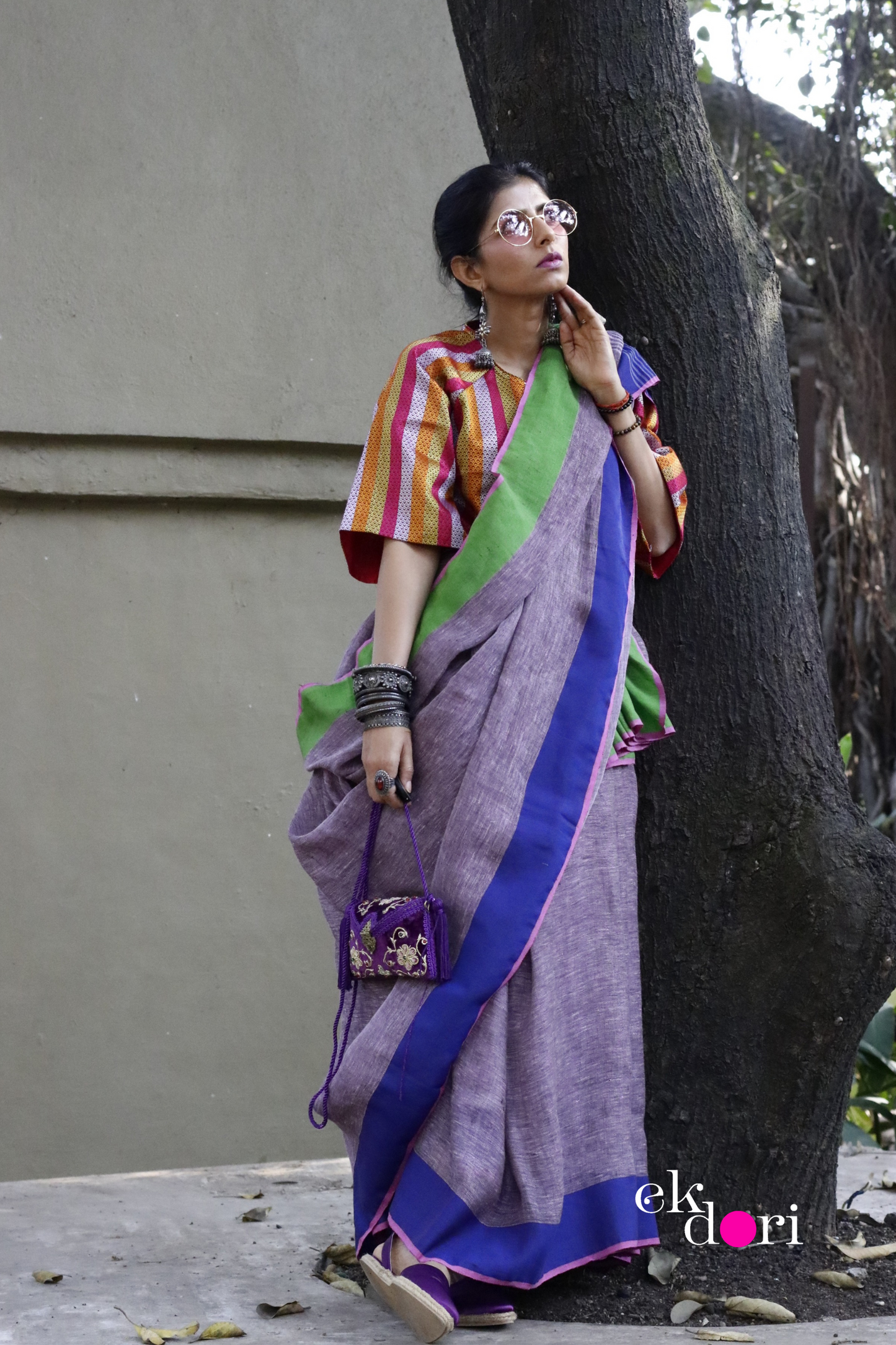 Handloom Khun Cotton Saree Blouse : Pink Stripes Modern Khun Saree Blouse / Crop Top