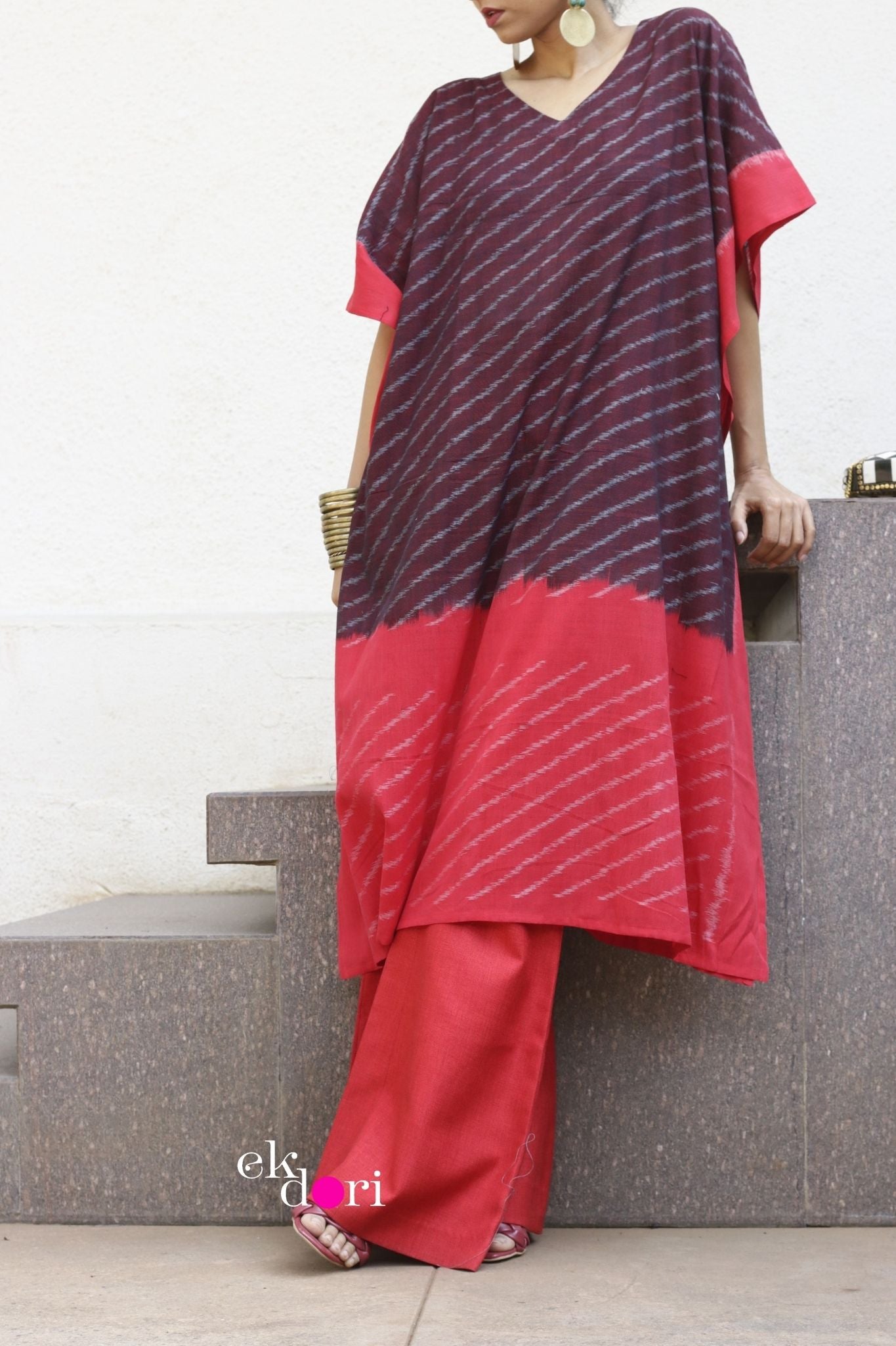 'Maroon Magic' Handloom Ikat Kaftan Kurta Dress