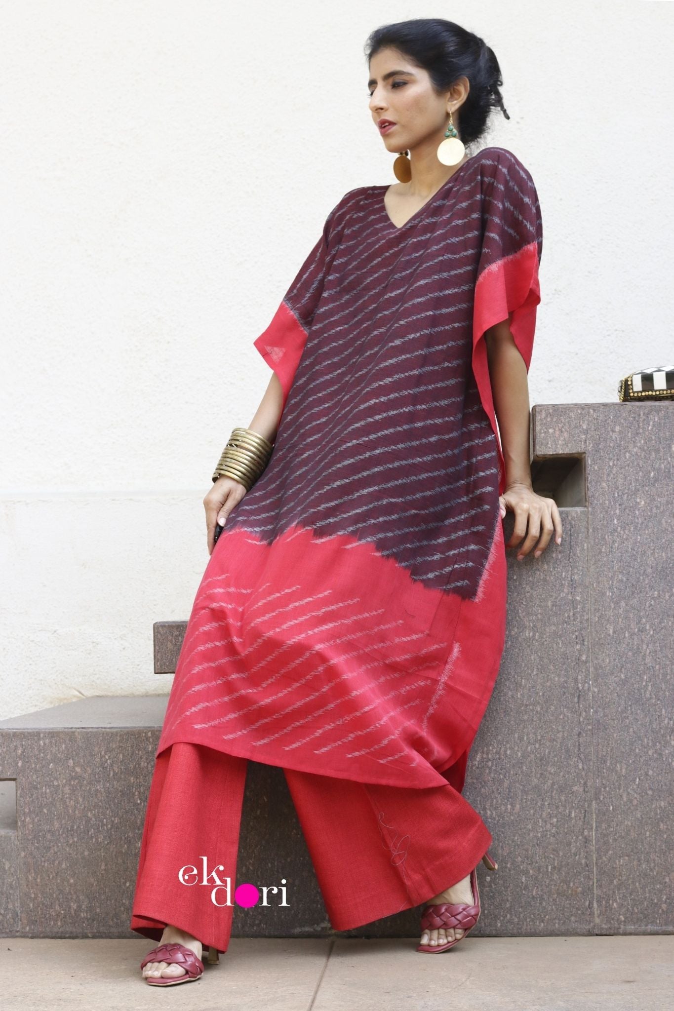 'Maroon Magic' Handloom Ikat Kaftan Kurta Dress