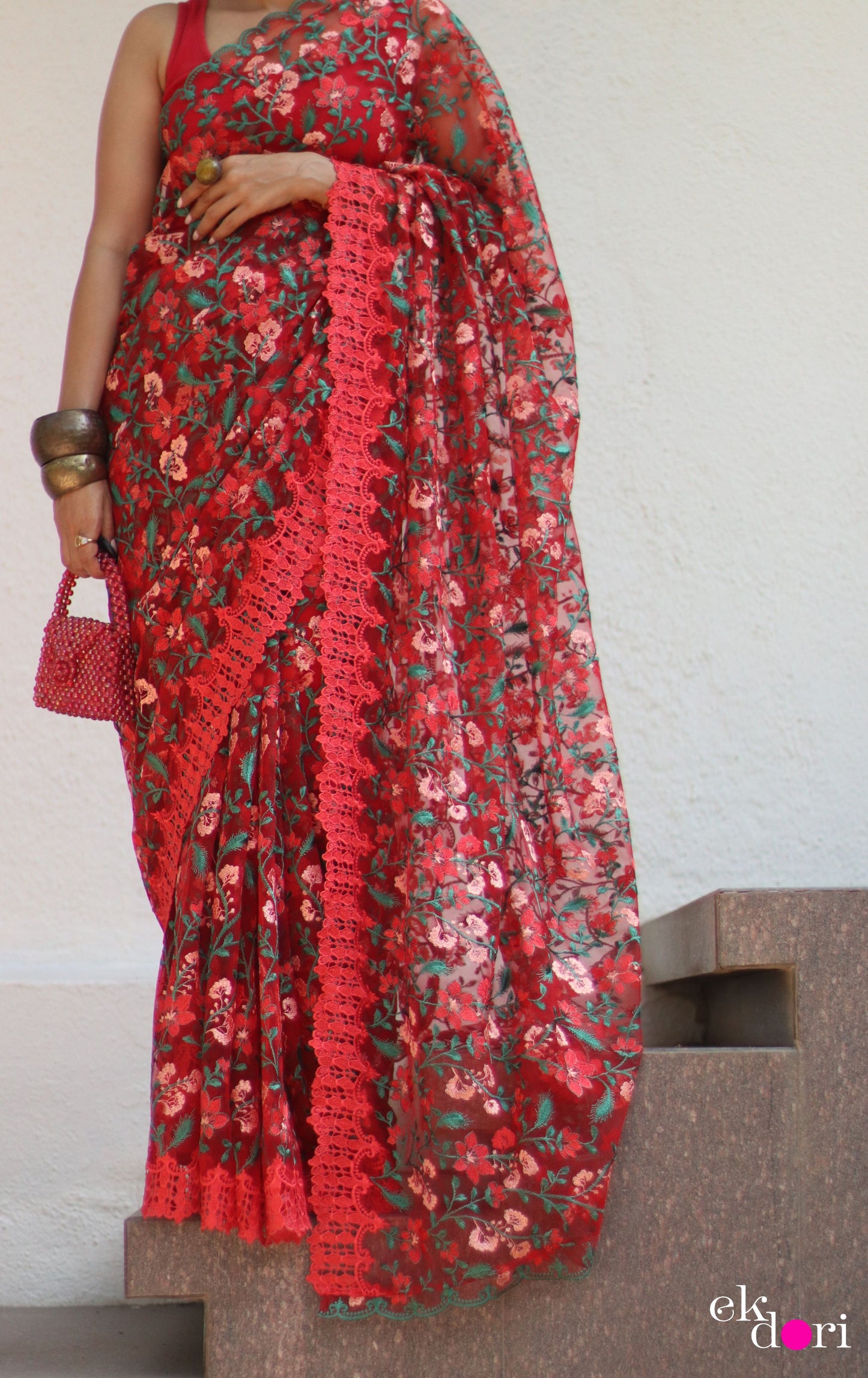 Buy Designer Net Saree : Rose Garden Floral Red Net Saree