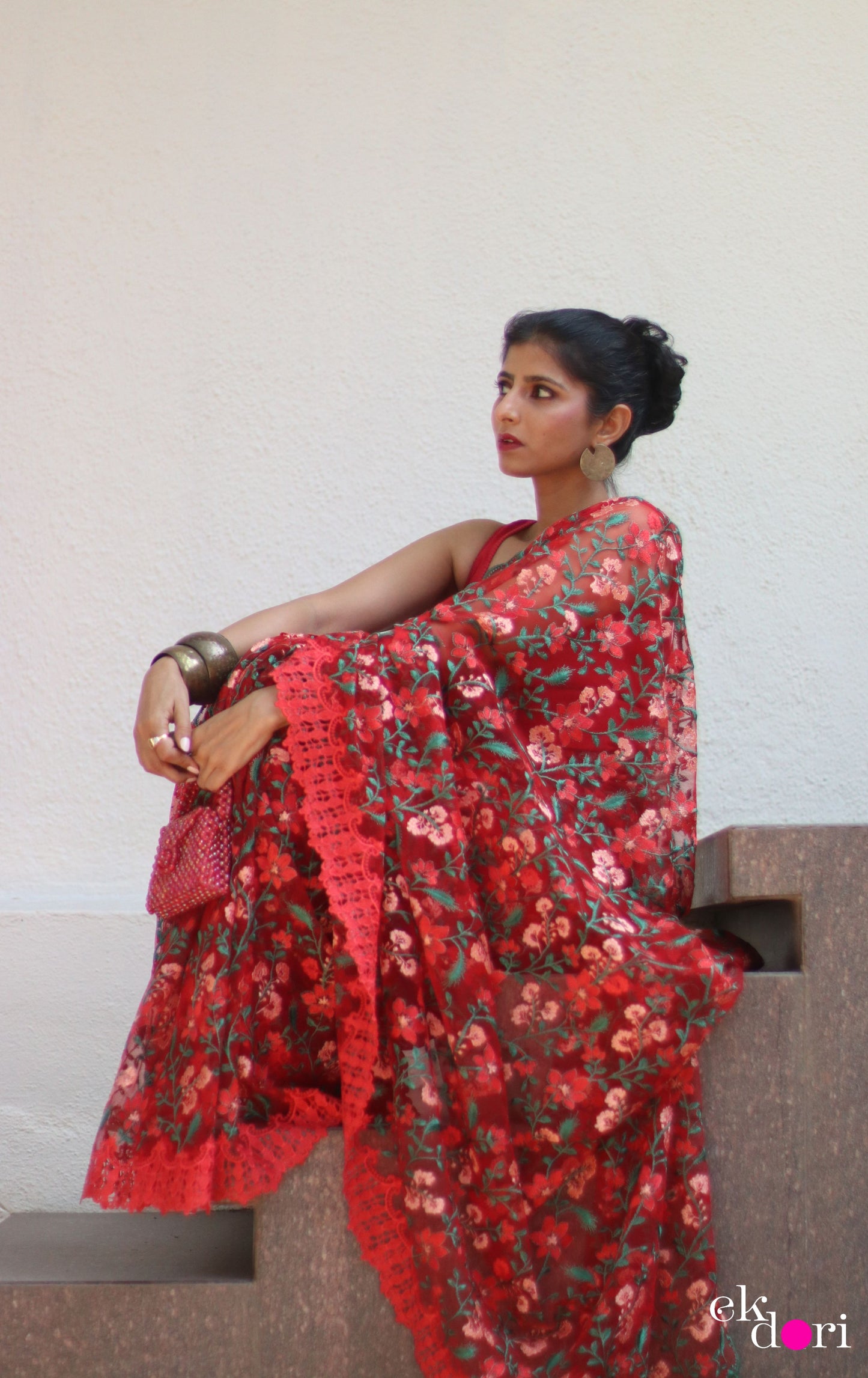 Buy Designer Net Saree : Rose Garden Floral Red Net Saree
