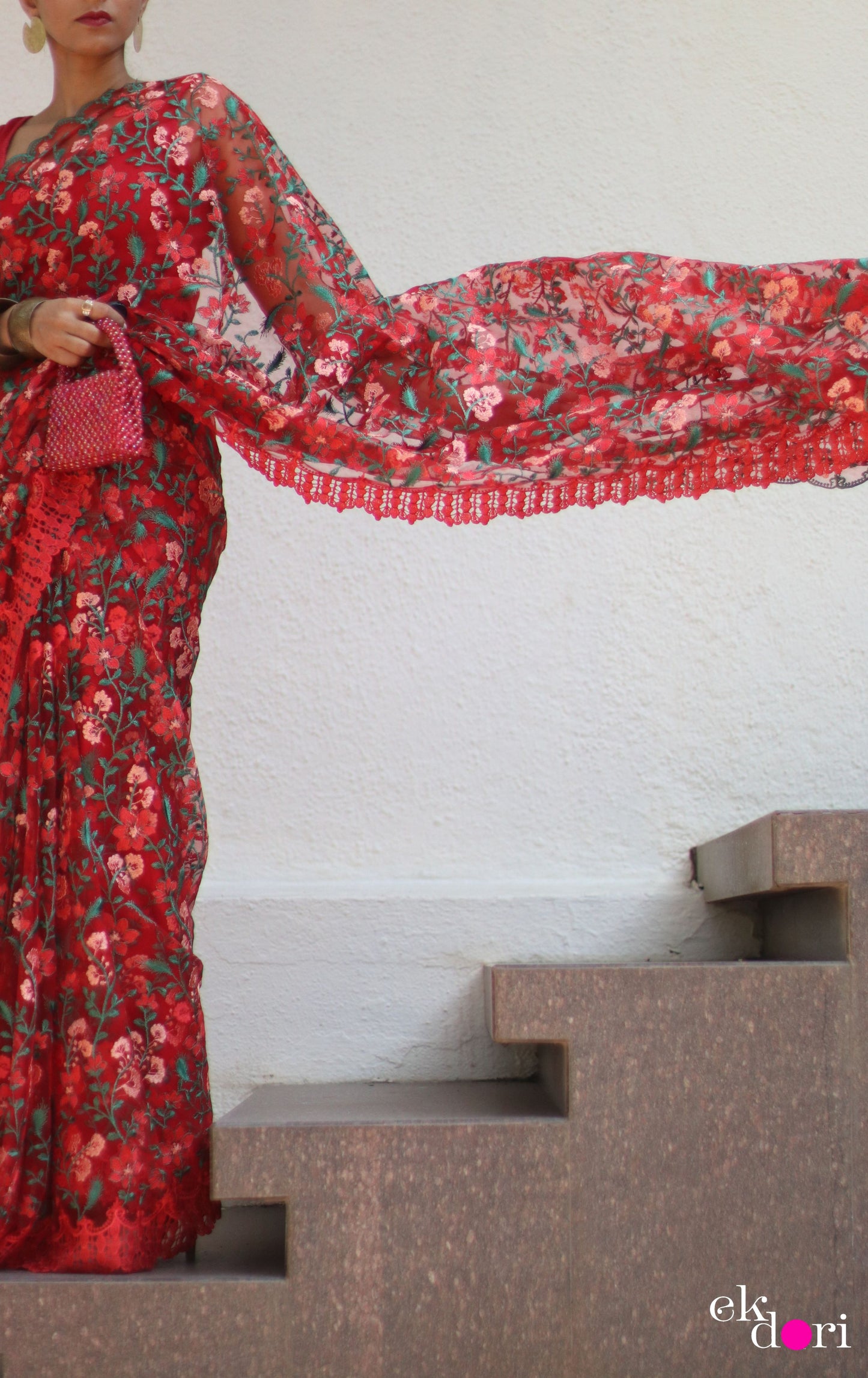 Buy Designer Net Saree : Rose Garden Floral Red Net Saree