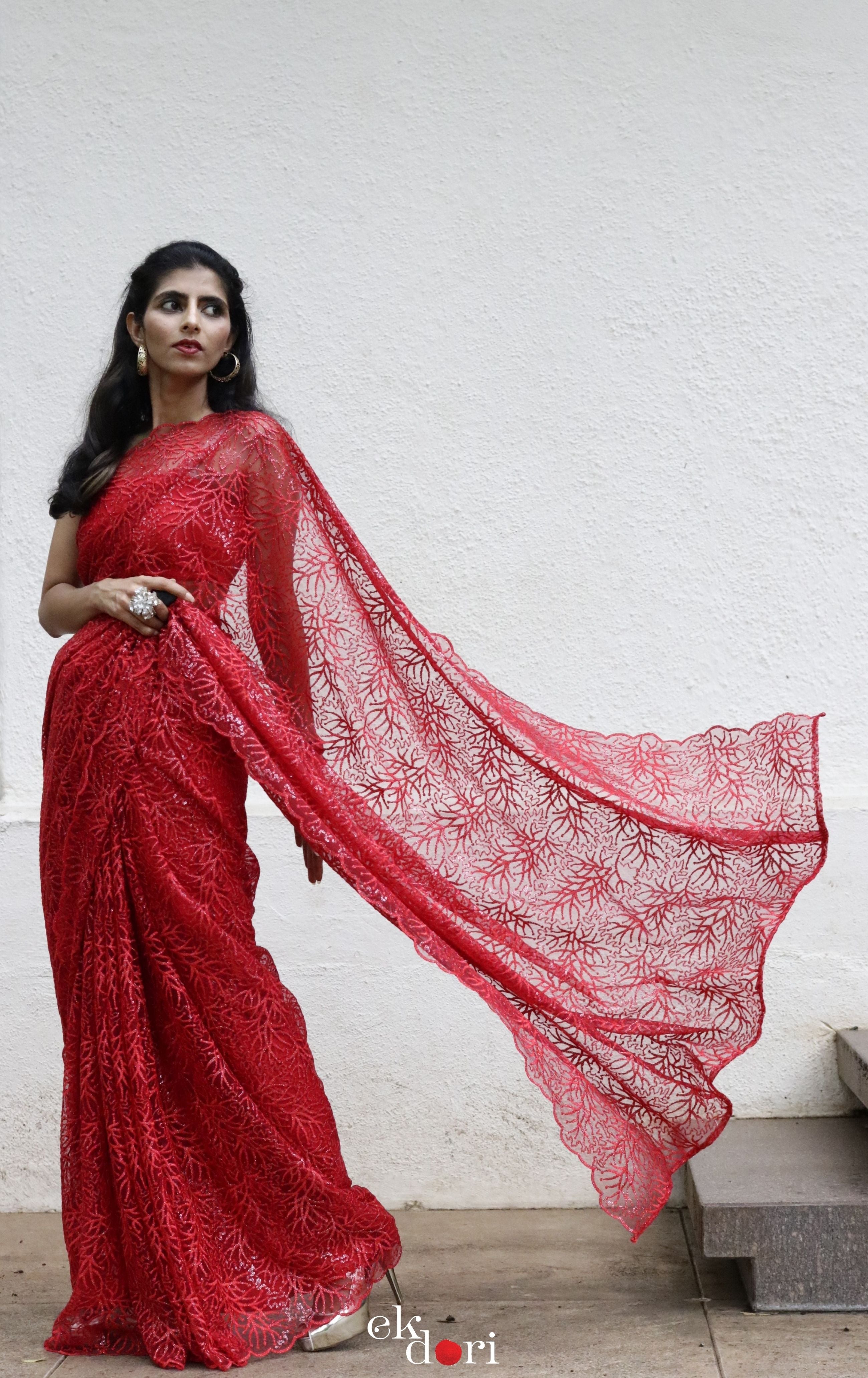 red saree dress Red Georgette Ruffle Saree: V-neck Blouse, Tie-up Belt