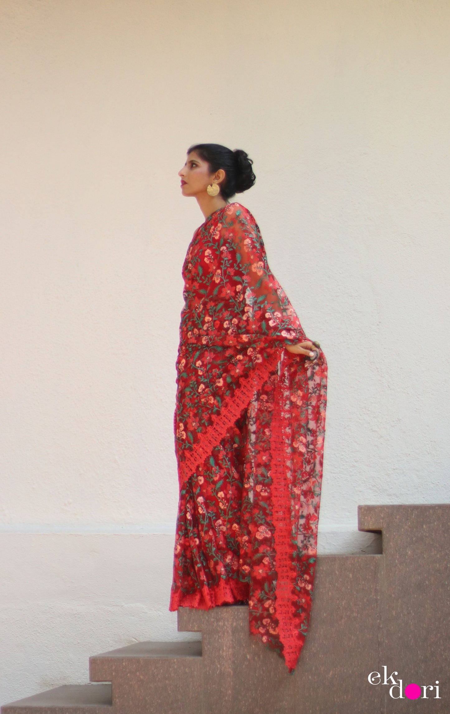 Buy Designer Net Saree : Rose Garden Floral Red Net Saree