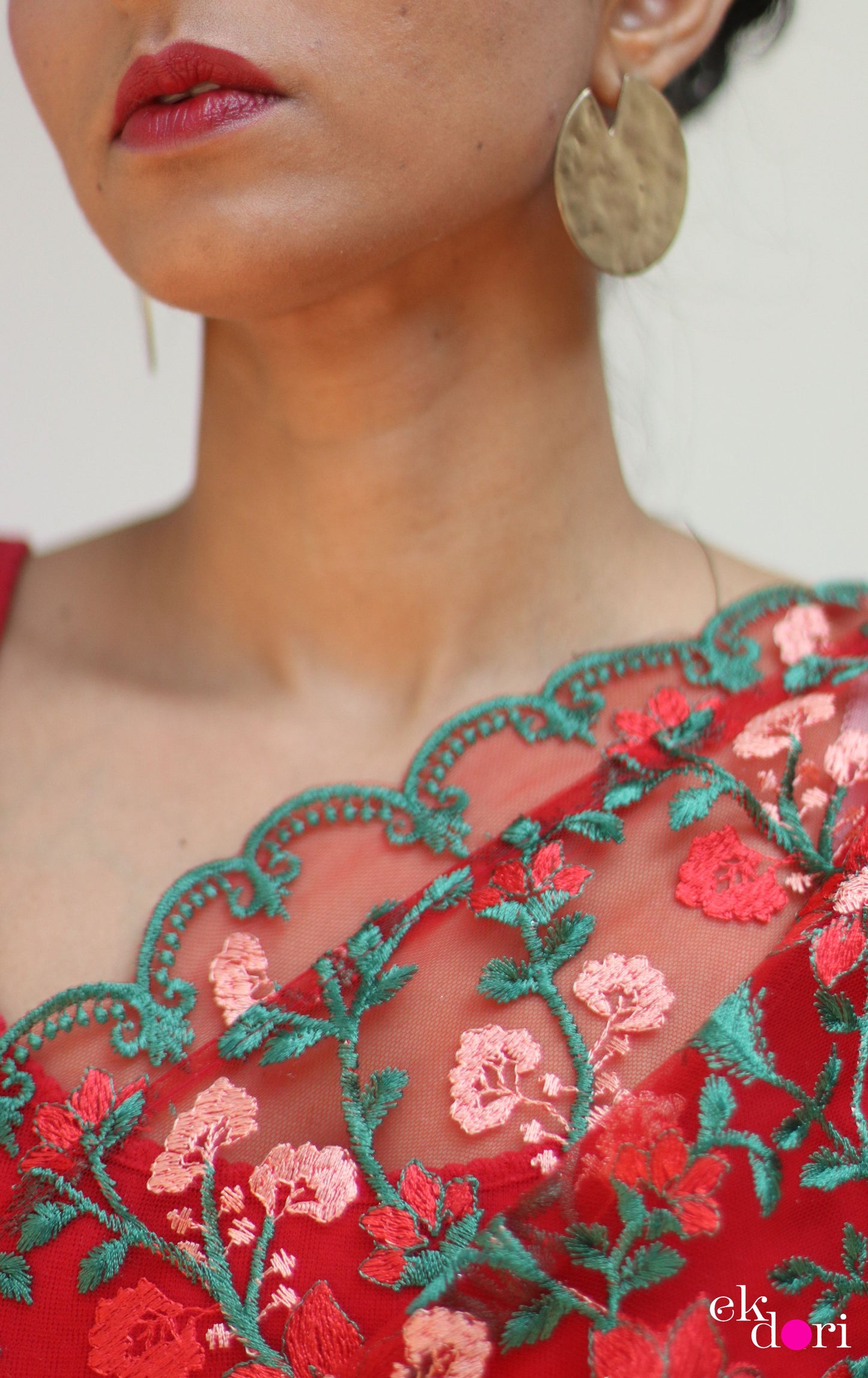 Buy Designer Net Saree : Rose Garden Floral Red Net Saree