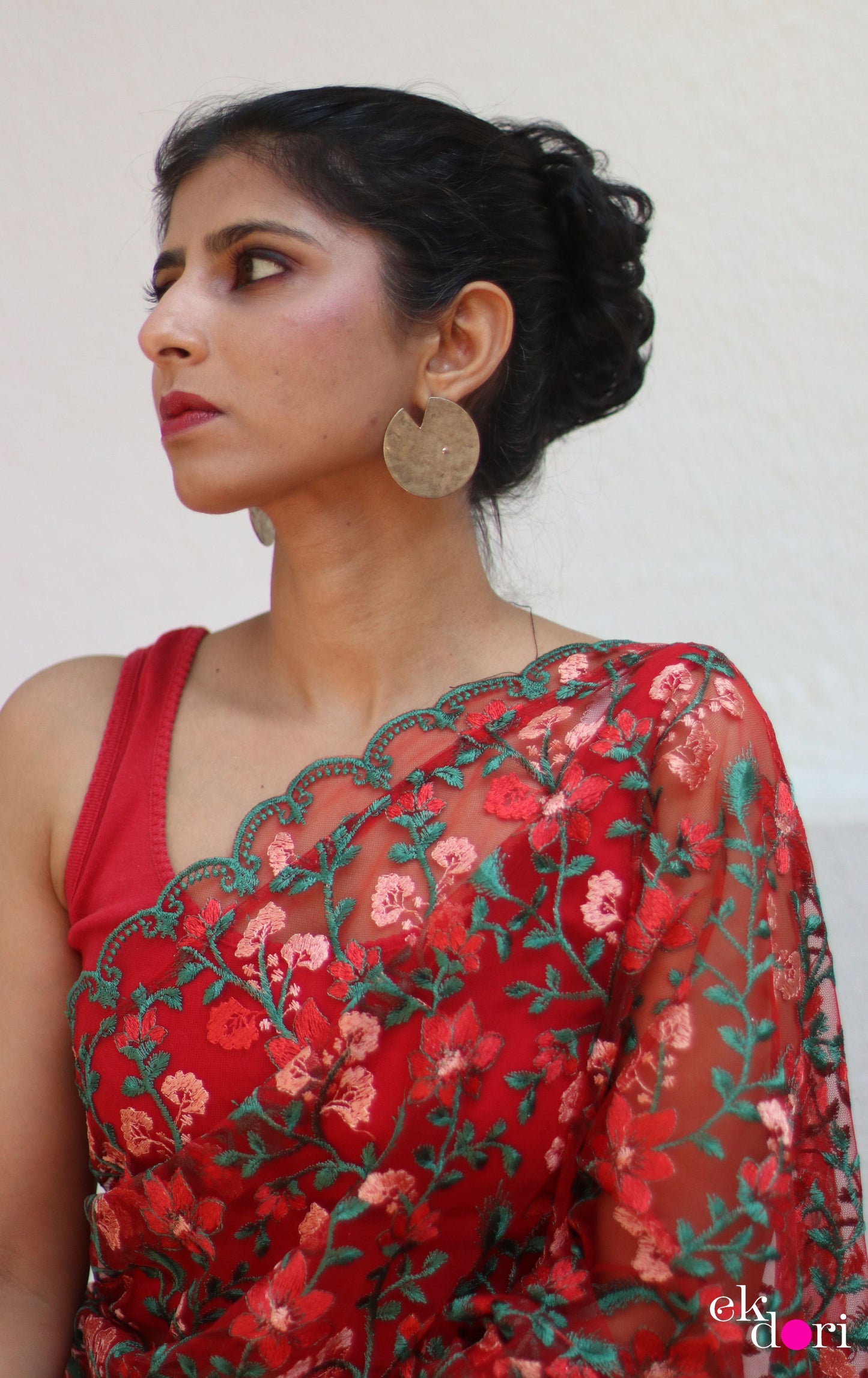 Buy Designer Net Saree : Rose Garden Floral Red Net Saree