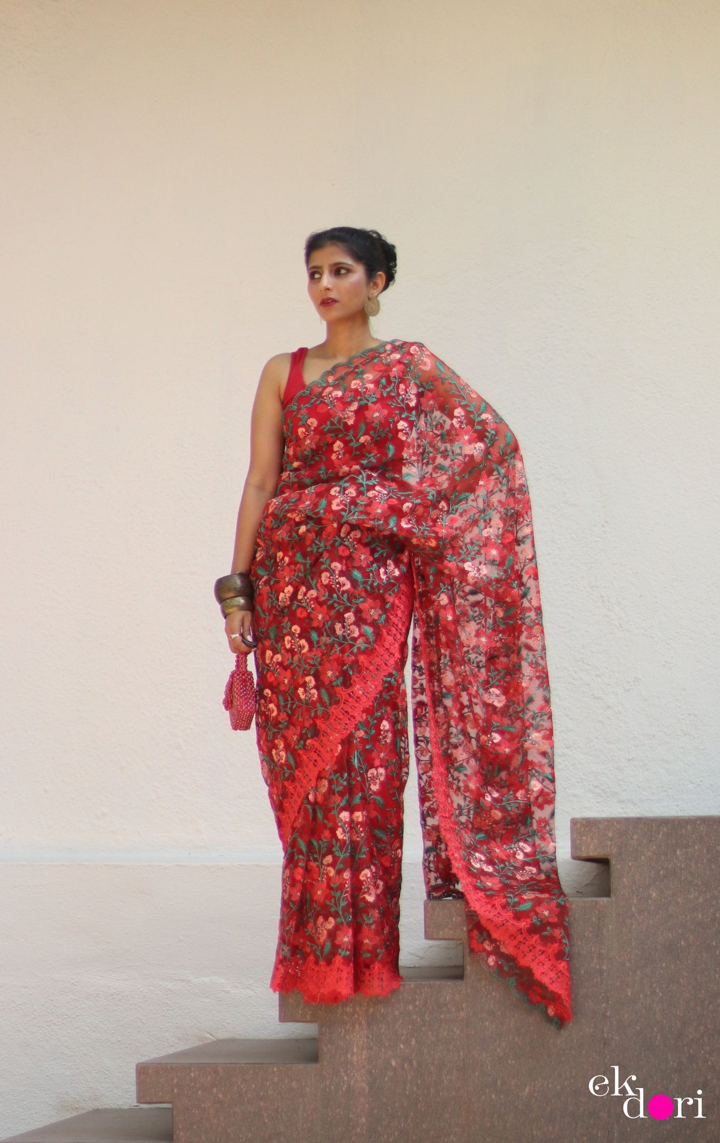 Buy Designer Net Saree : Rose Garden Floral Red Net Saree