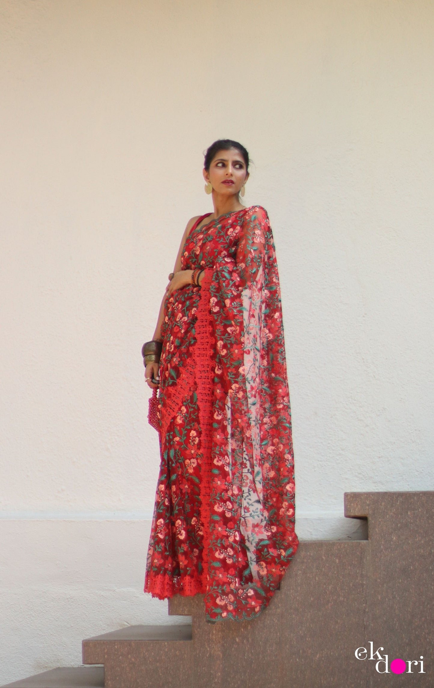 Buy Designer Net Saree : Rose Garden Floral Red Net Saree