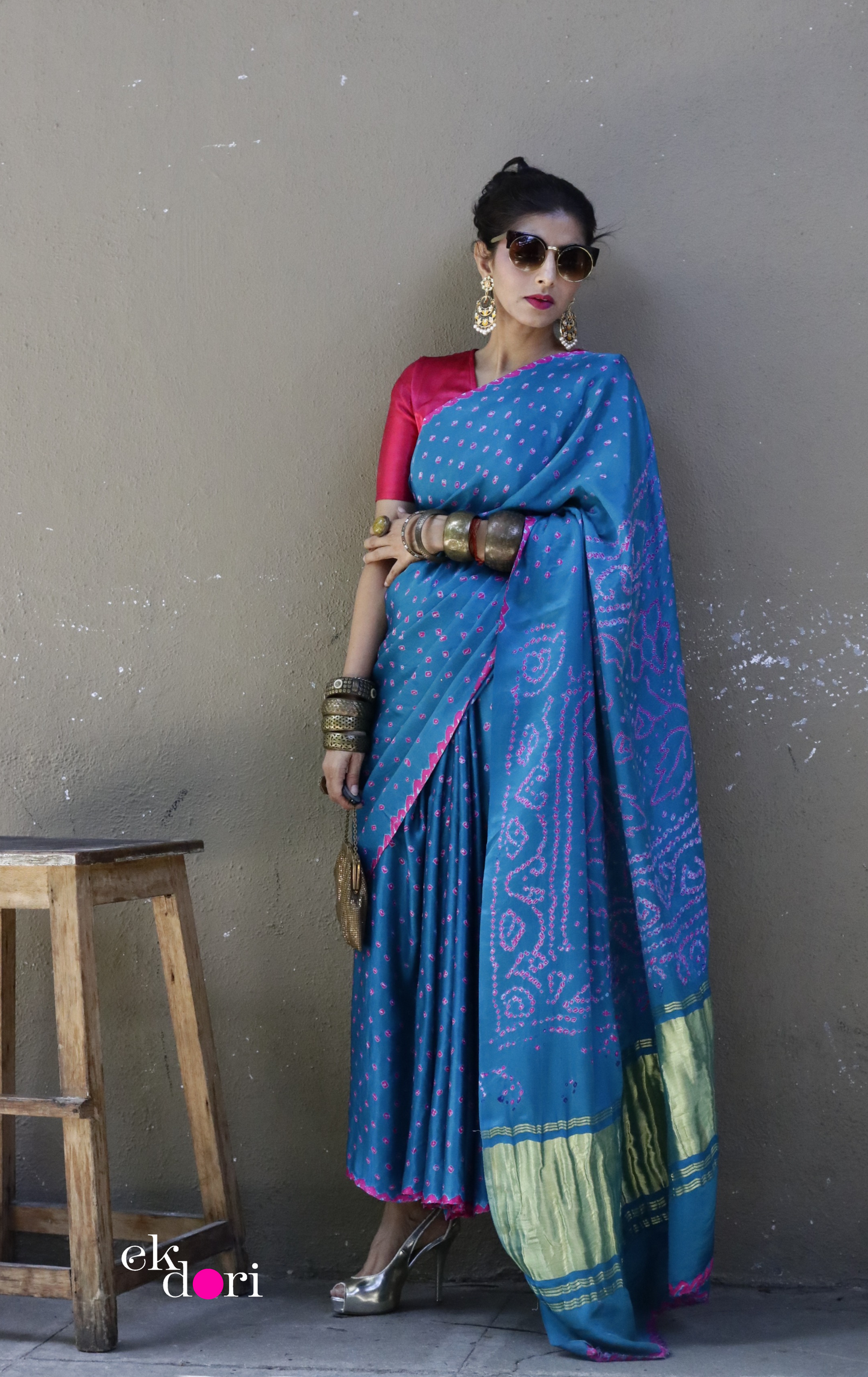 Buy Bandhani Designer Silk Saree Online : 'Teal Treasure' Silk Bandhani Hand Dyed Saree