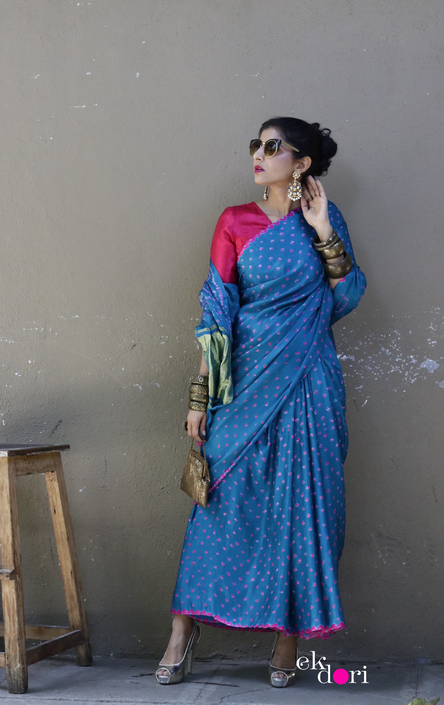 Buy Bandhani Designer Silk Saree Online : 'Teal Treasure' Silk Bandhani Hand Dyed Saree