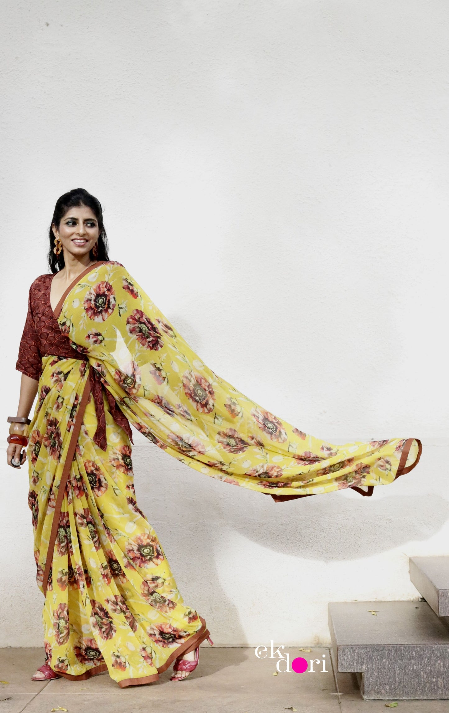 Buy Floral Chiffon Saree Online : 'Pretty Peonies' Floral Chiffon Saree With Cotton Border