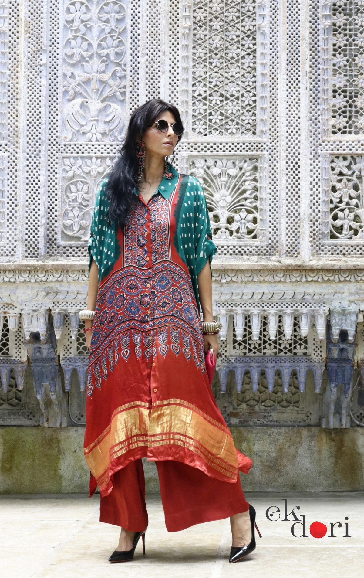 Bandhani Ajrakh Modal Kaftan Kurta Palazzo Co-ord Set | 'Desert Duel' | Ek Dori