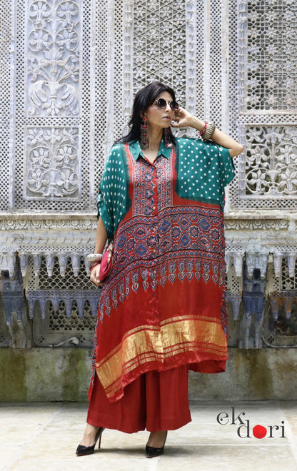 Bandhani Ajrakh Modal Kaftan Kurta Palazzo Co-ord Set | 'Desert Duel' | Ek Dori