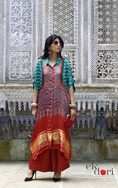 Bandhani Ajrakh Modal Kaftan Kurta Palazzo Co-ord Set | 'Desert Duel' | Ek Dori
