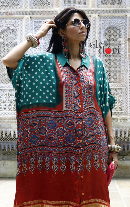Bandhani Ajrakh Modal Kaftan Kurta Palazzo Co-ord Set | 'Desert Duel' | Ek Dori