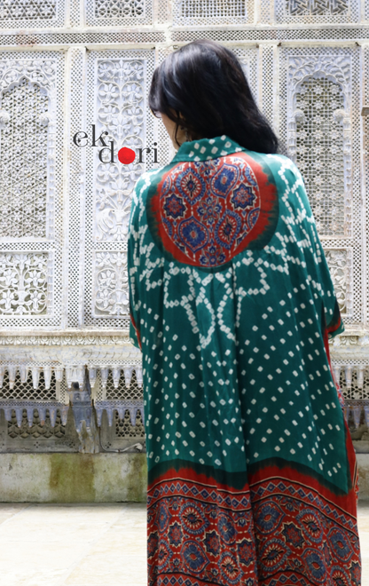 Bandhani Ajrakh Modal Kaftan Kurta Palazzo Co-ord Set | 'Desert Duel' | Ek Dori
