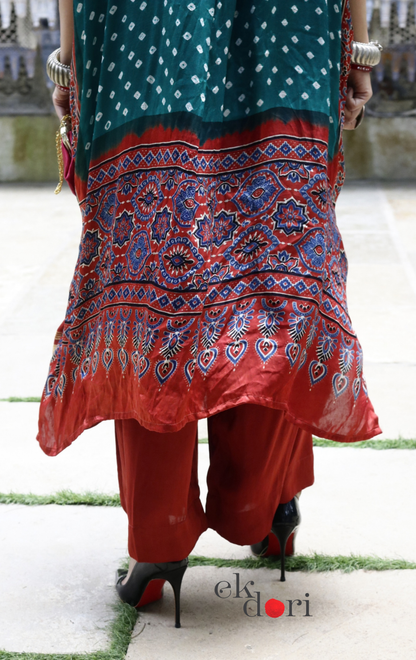 Bandhani Ajrakh Modal Kaftan Kurta Palazzo Co-ord Set | 'Desert Duel' | Ek Dori