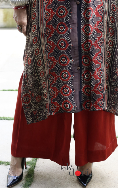 Ajrakh Kaftan Kurta Dress 'Saavan' : Modal Ajrakh Hand Block Kaftan Kurta Palazzo Set