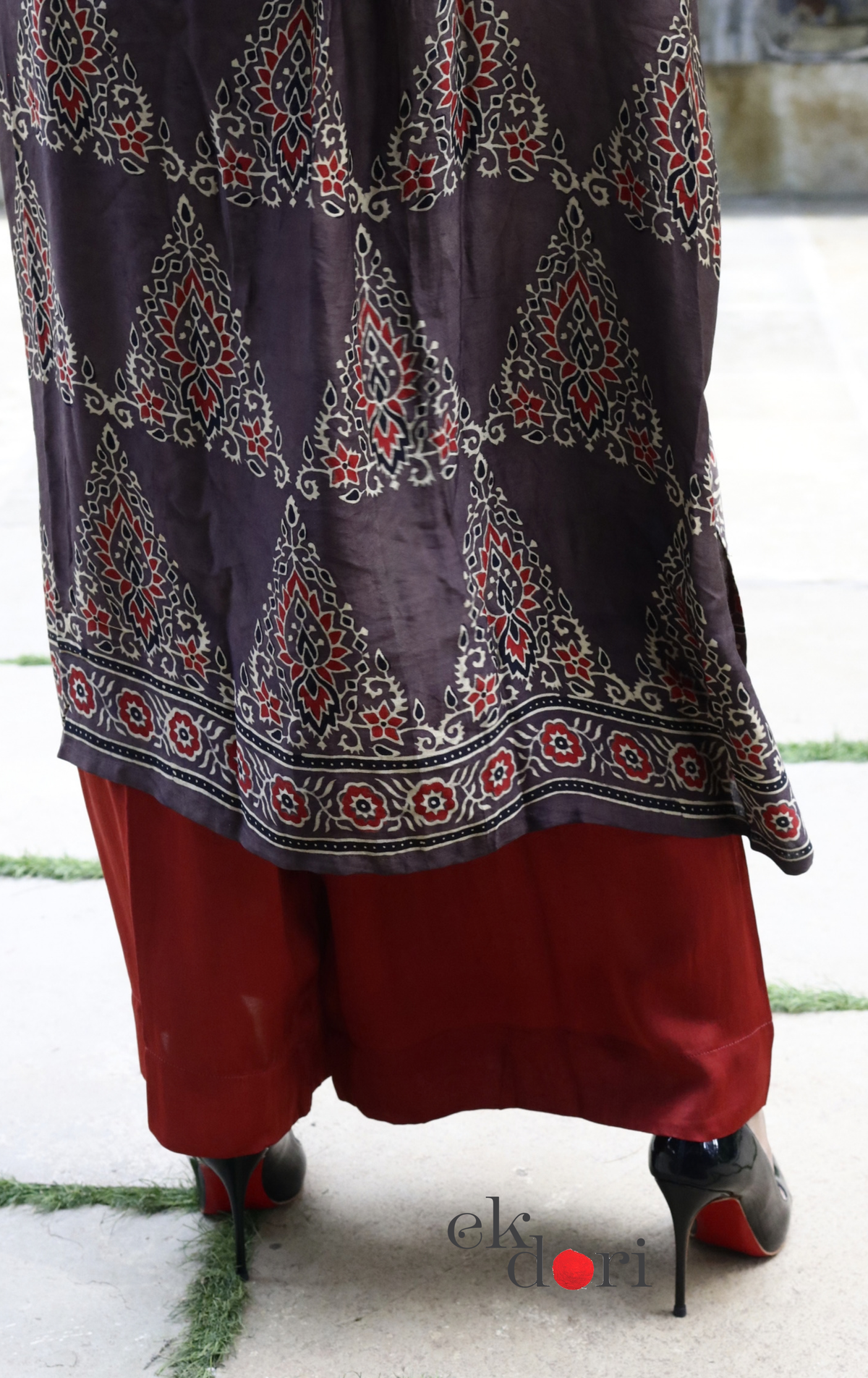 Ajrakh Kaftan Kurta Dress 'Saavan' : Modal Ajrakh Hand Block Kaftan Kurta Palazzo Set
