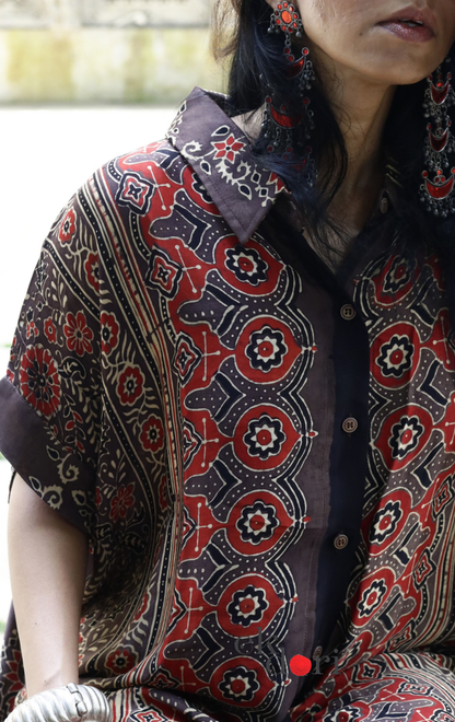 Ajrakh Kaftan Kurta Dress 'Saavan' : Modal Ajrakh Hand Block Kaftan Kurta Palazzo Set