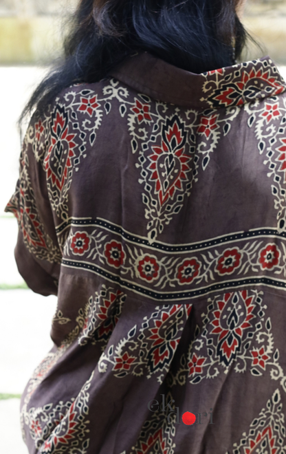 Ajrakh Kaftan Kurta Dress 'Saavan' : Modal Ajrakh Hand Block Kaftan Kurta Palazzo Set