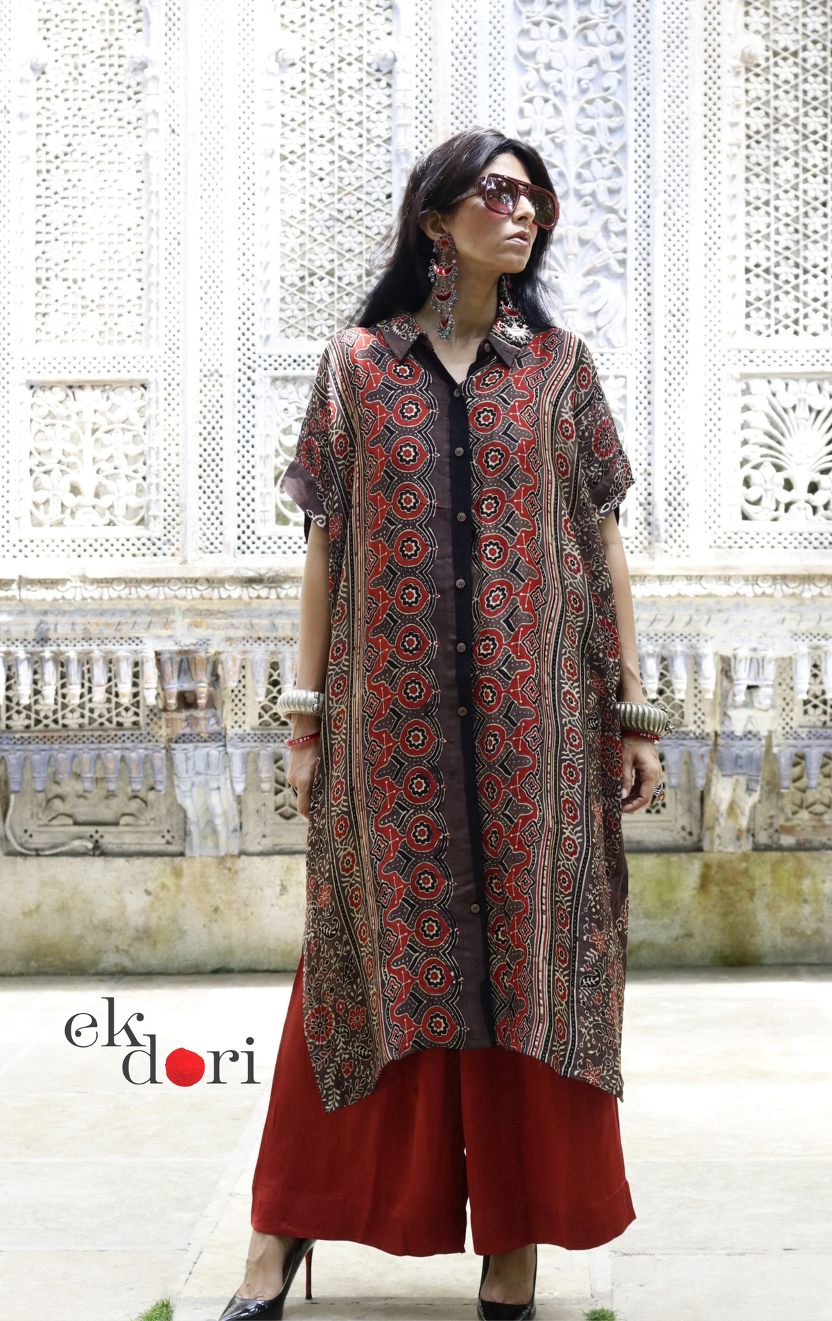 Ajrakh Kaftan Kurta Dress 'Saavan' : Modal Ajrakh Hand Block Kaftan Kurta Palazzo Set