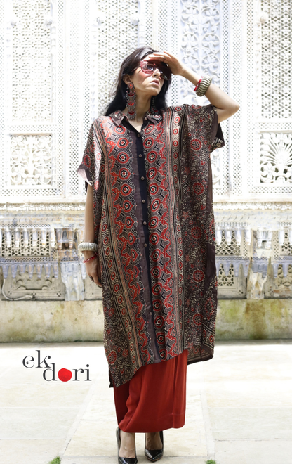 Ajrakh Kaftan Kurta Dress 'Saavan' : Modal Ajrakh Hand Block Kaftan Kurta Palazzo Set