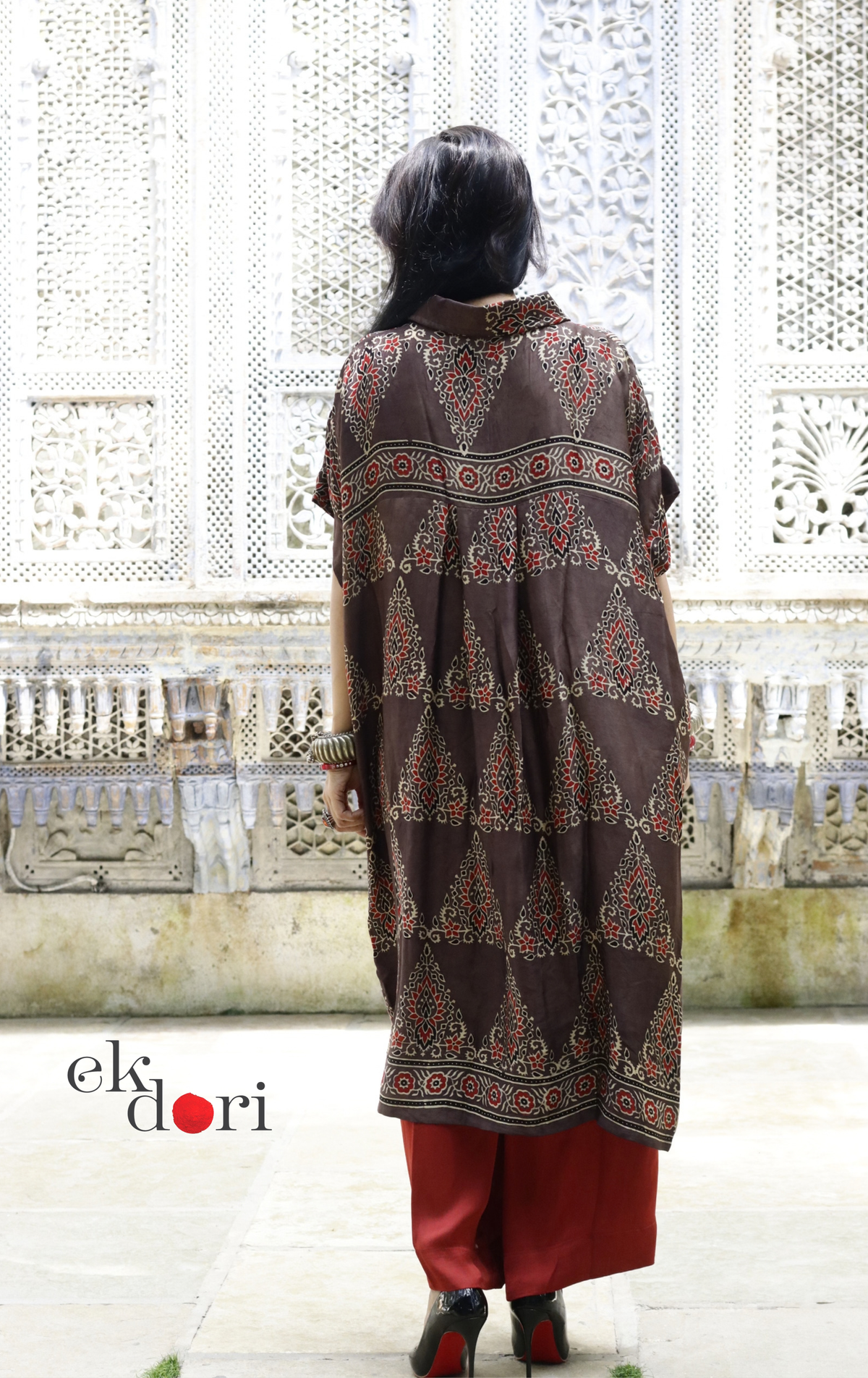 Ajrakh Kaftan Kurta Dress 'Saavan' : Modal Ajrakh Hand Block Kaftan Kurta Palazzo Set