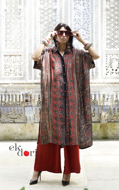 Ajrakh Kaftan Kurta Dress 'Saavan' : Modal Ajrakh Hand Block Kaftan Kurta Palazzo Set