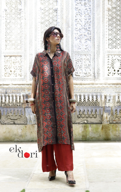 Ajrakh Kaftan Kurta Dress 'Saavan' : Modal Ajrakh Hand Block Kaftan Kurta Palazzo Set