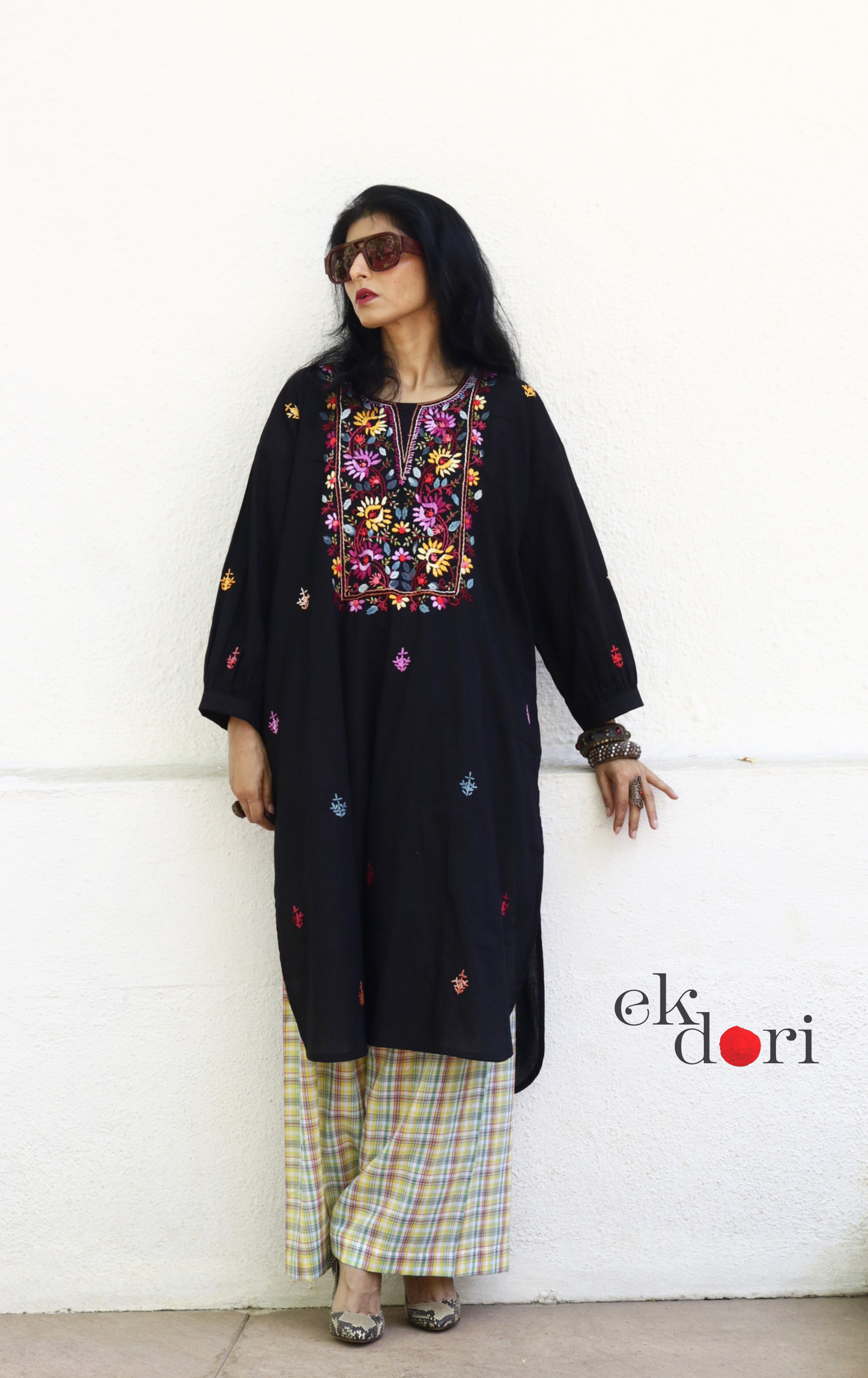 Cotton Black Embroidered Kurta Co-ord Set 'Mogra' : Buy Bullion Embroidery Cotton Co-ord Kurts Sets For Summer