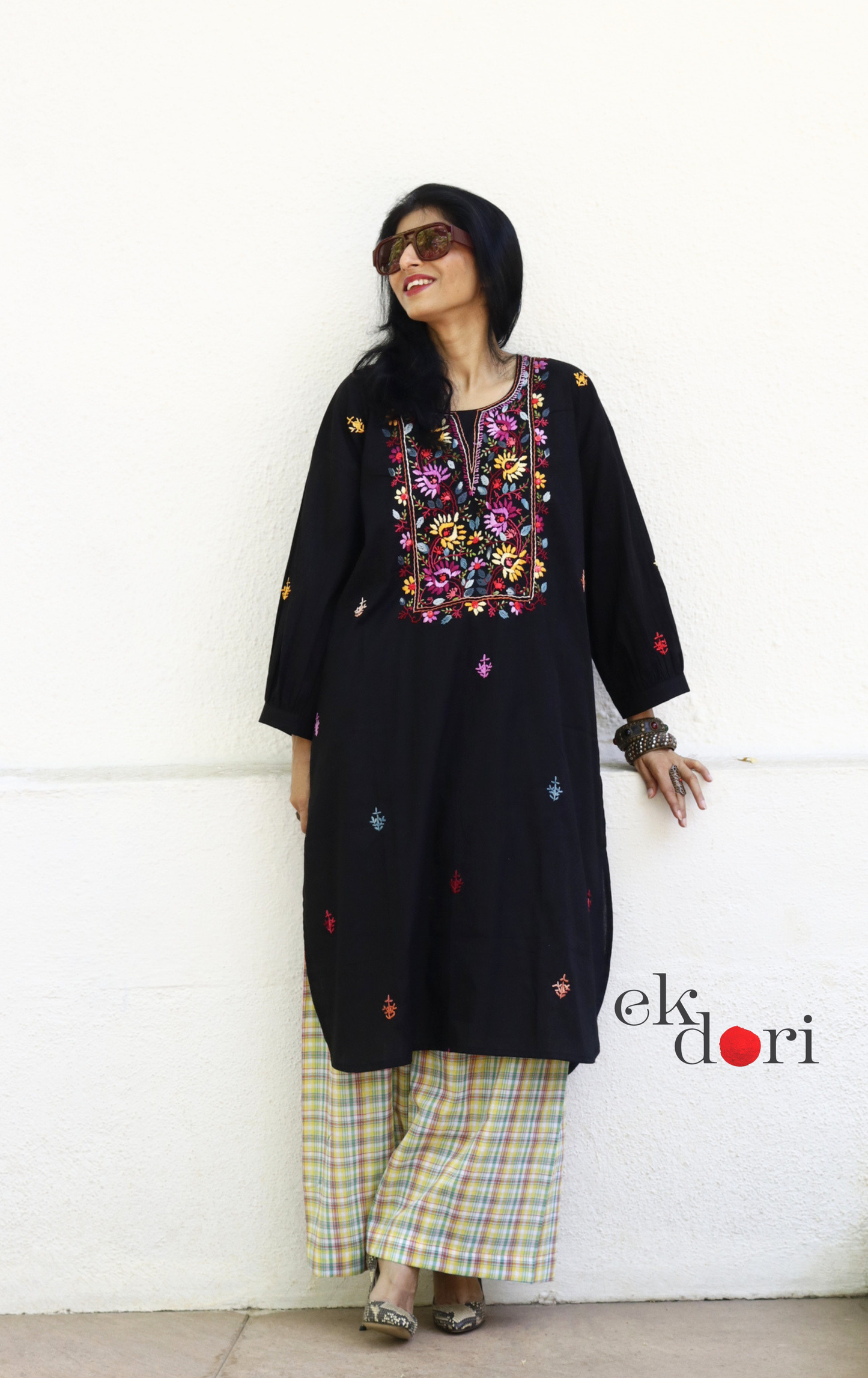 Cotton Black Embroidered Kurta Co-ord Set 'Mogra' : Buy Bullion Embroidery Cotton Co-ord Kurts Sets For Summer