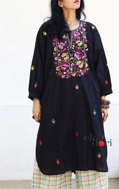 Cotton Black Embroidered Kurta Co-ord Set 'Mogra' : Buy Bullion Embroidery Cotton Co-ord Kurts Sets For Summer